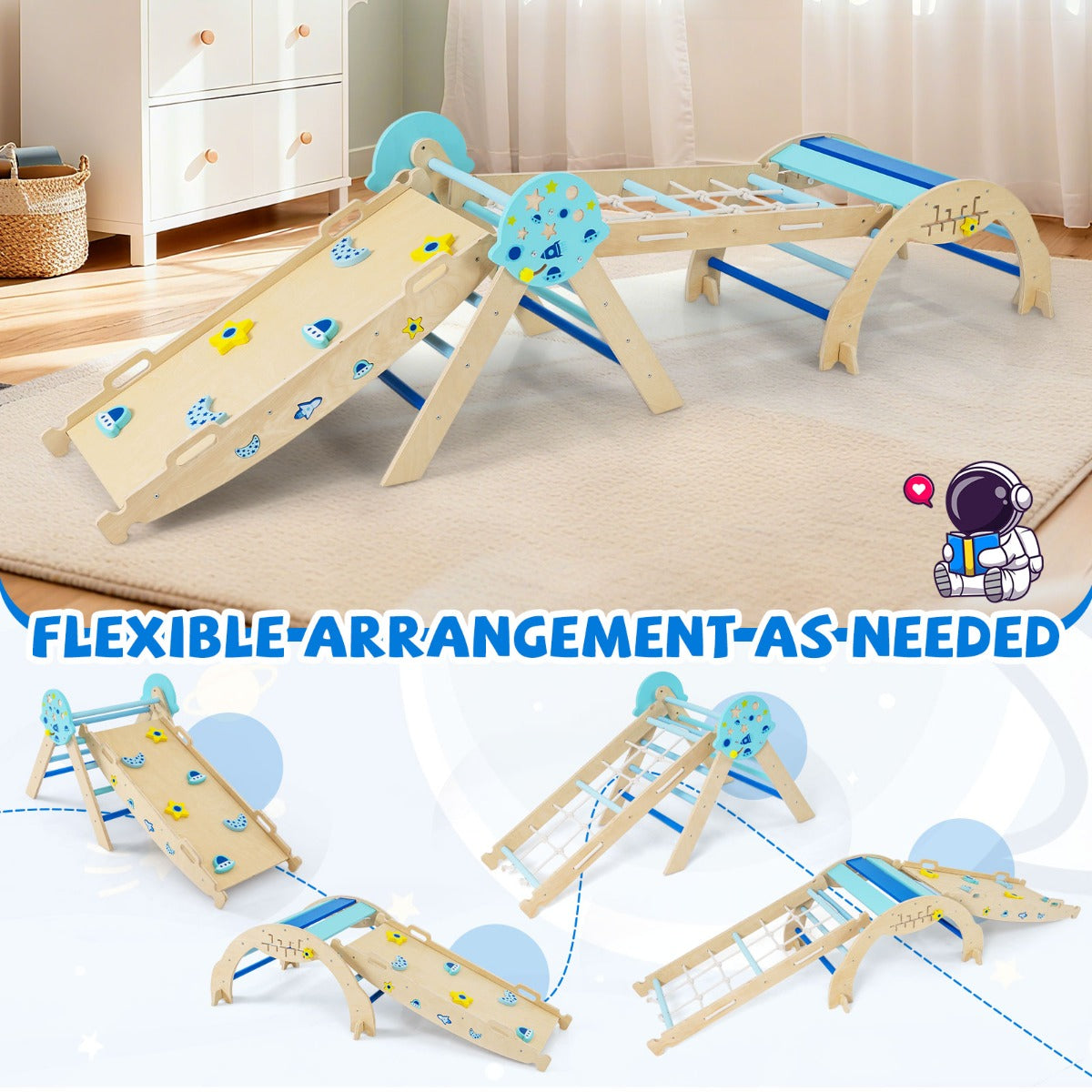 Livsk costway 9 in 1 montessori klimrek set driehoekig houten klimrek voor binnen blauw 4