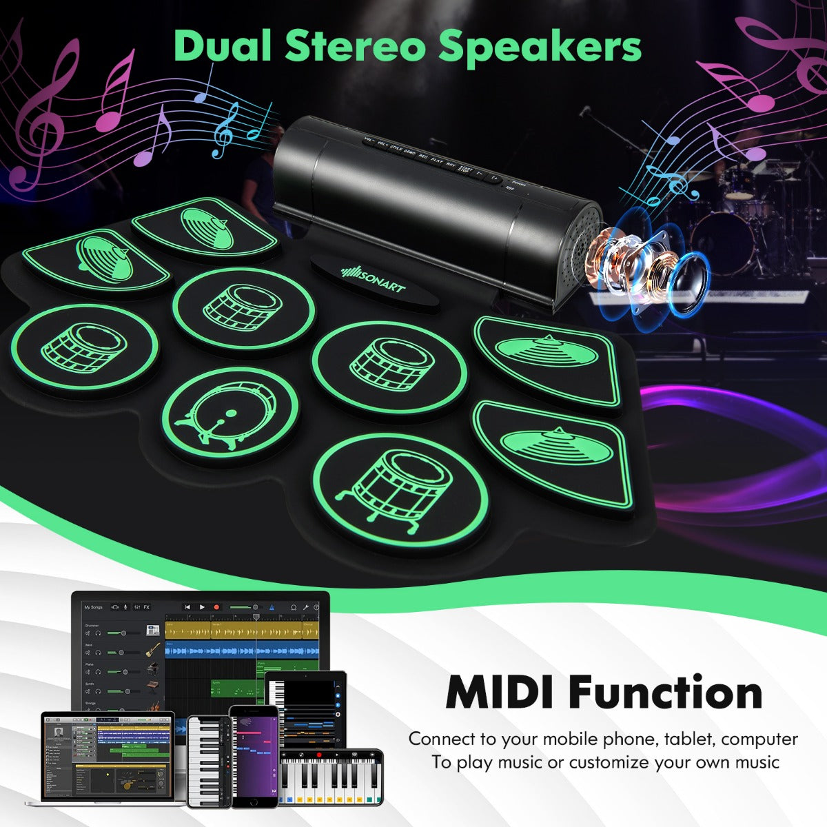 LIVSK Elektronische Drumset voor Beginners - 9 Pads - 9 Begeleidingen - USB & MIDI - Lichtgewicht - Zwart + Groen