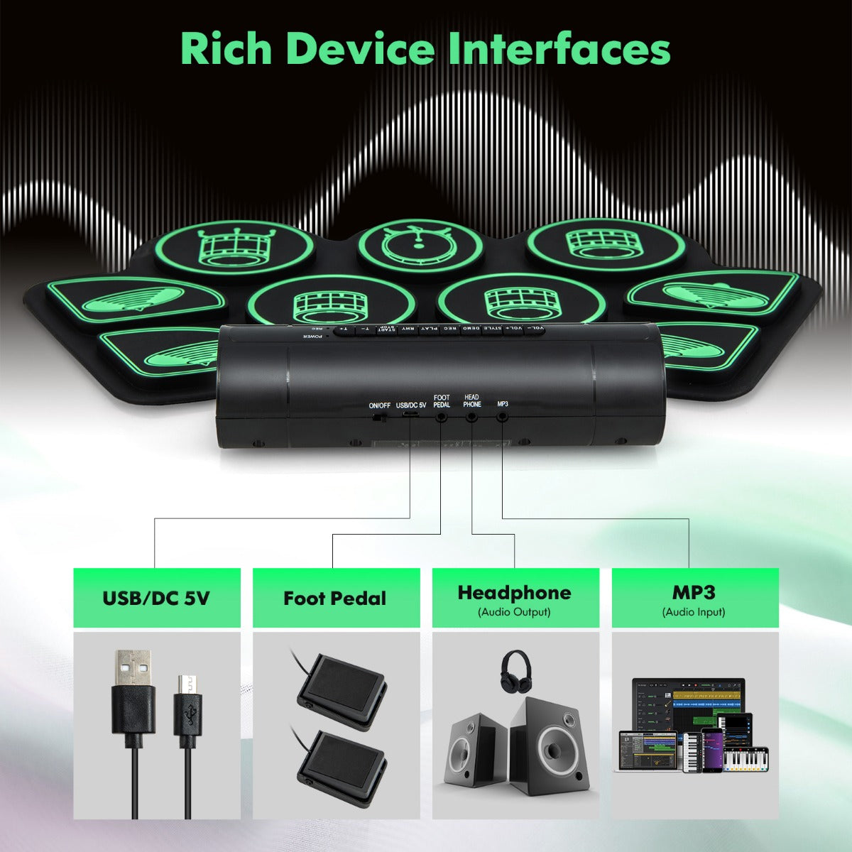 LIVSK Elektronische Drumset voor Beginners - 9 Pads - 9 Begeleidingen - USB & MIDI - Lichtgewicht - Zwart + Groen