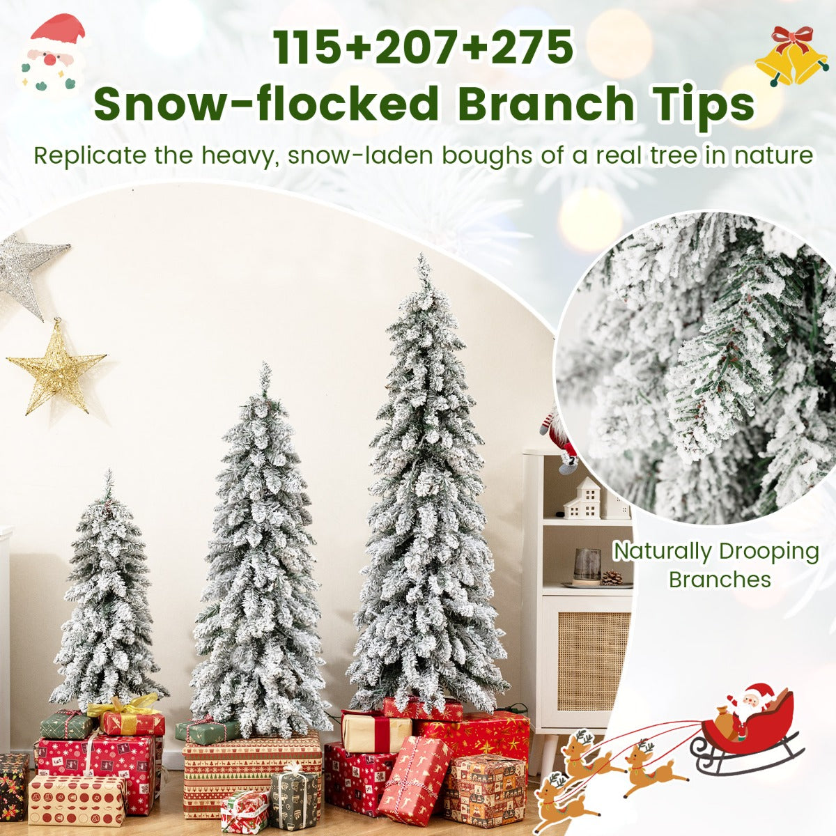 Livsk costway 90 120 150 cm set van 3 kunstmatige kerstbomen met verlichting en sneeuw kerstboom 3