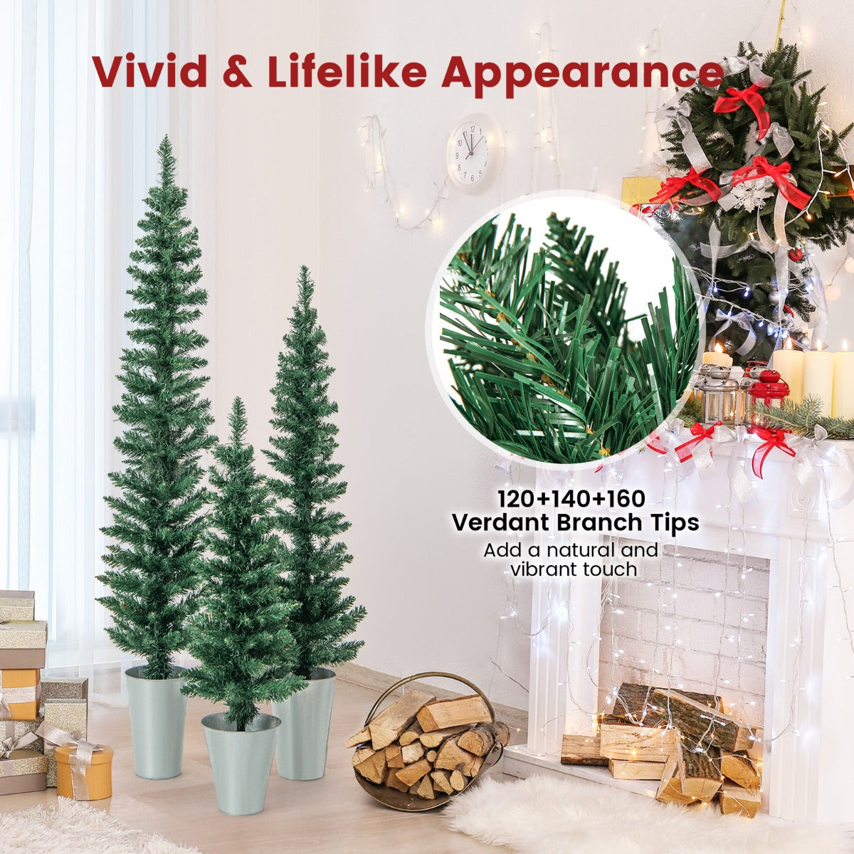LIVSK Kerstboomset van 3 Potloodbomen - 90, 120, 150 cm - 120 + 140 + 160 Takpunten - Duurzaam PVC - Metalen Voetstukken - Groen