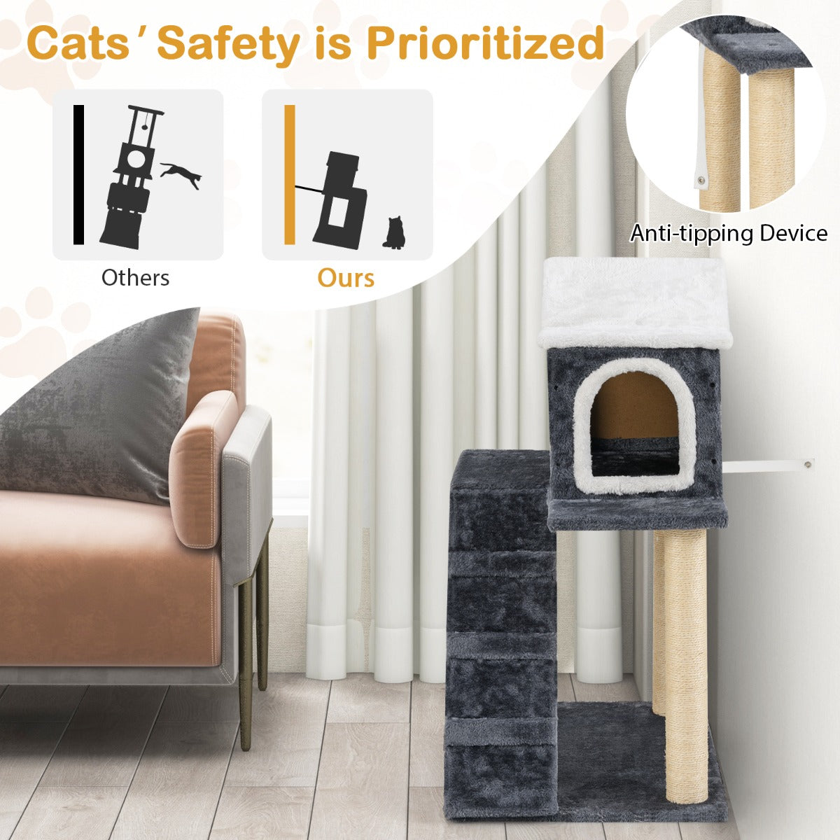 LIVSK Kattenboom - 3-Laagse Speeltoren met Klimladder en Huisje - Sisalpalen voor Krabben - Veilig en Modern - Grijs