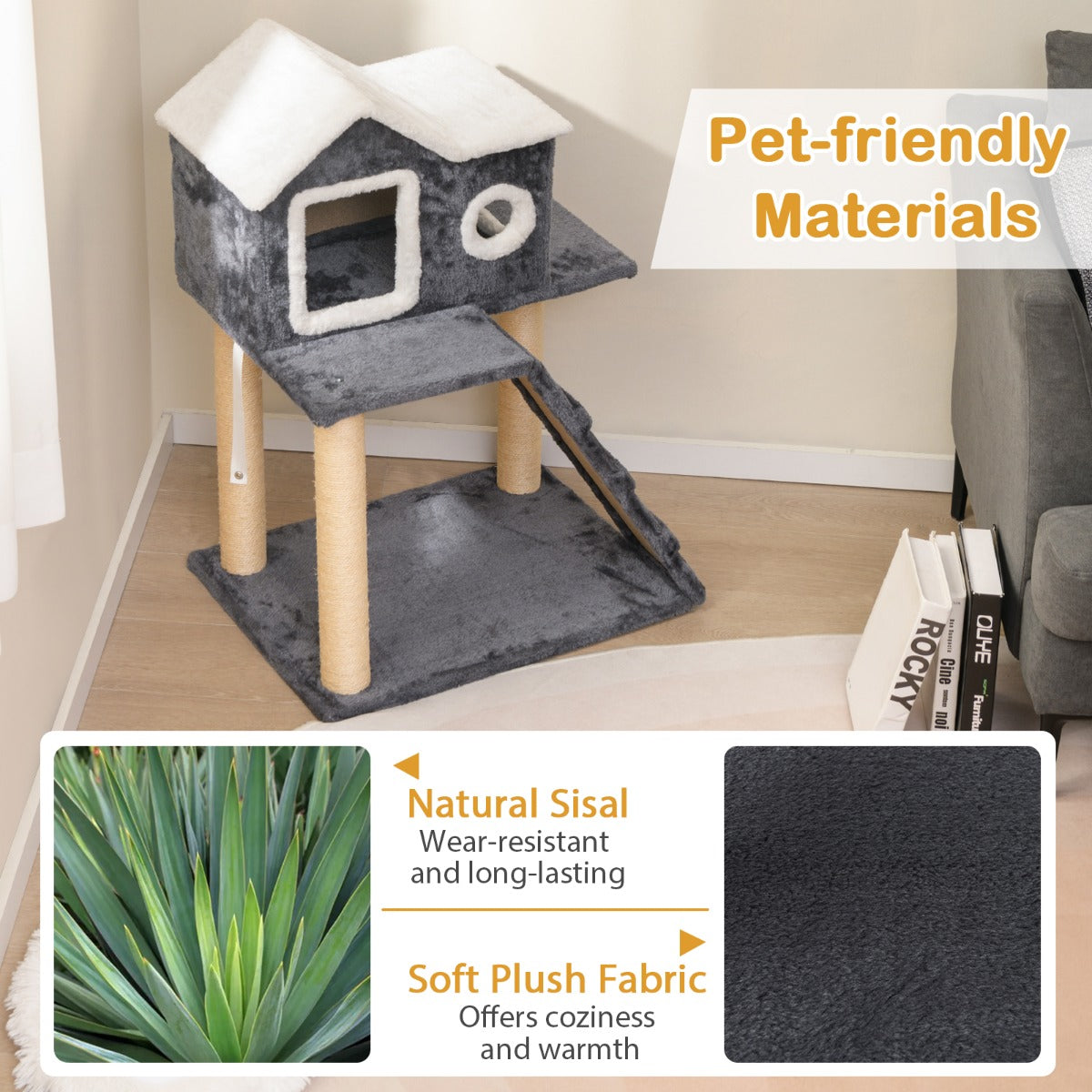 LIVSK Kattenboom - 3-Laagse Speeltoren met Klimladder en Huisje - Sisalpalen voor Krabben - Veilig en Modern - Grijs