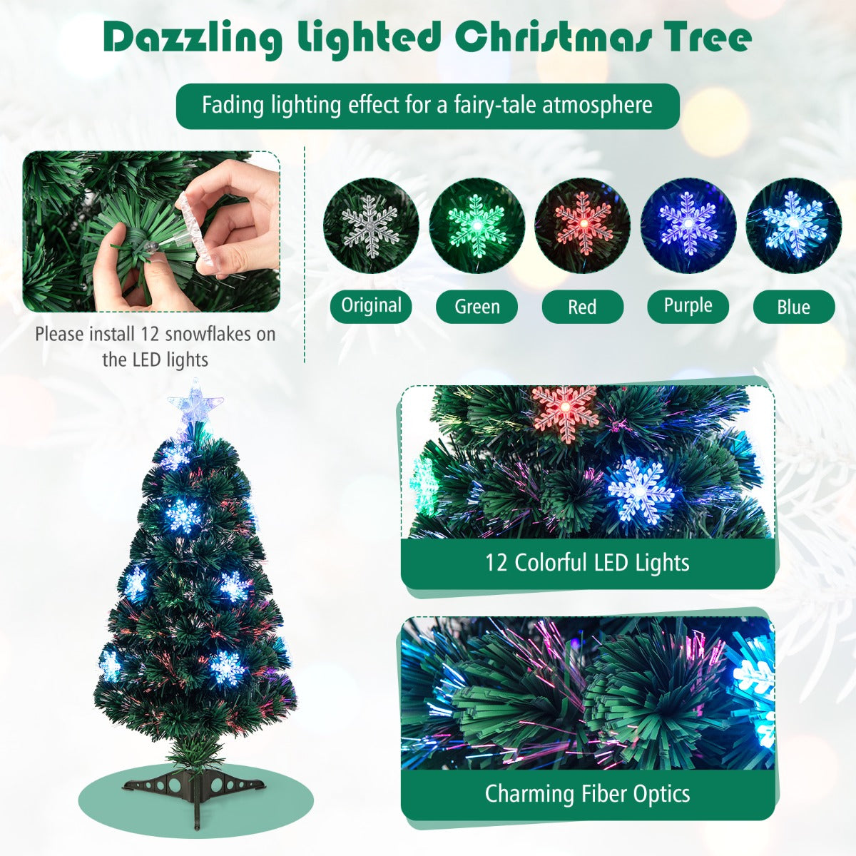 LIVSK Kunstkerstboom met LED Verlichting - Sneeuwvlokken - Brandwerend PVC - Eenvoudige Installatie - 120 cm - Groen