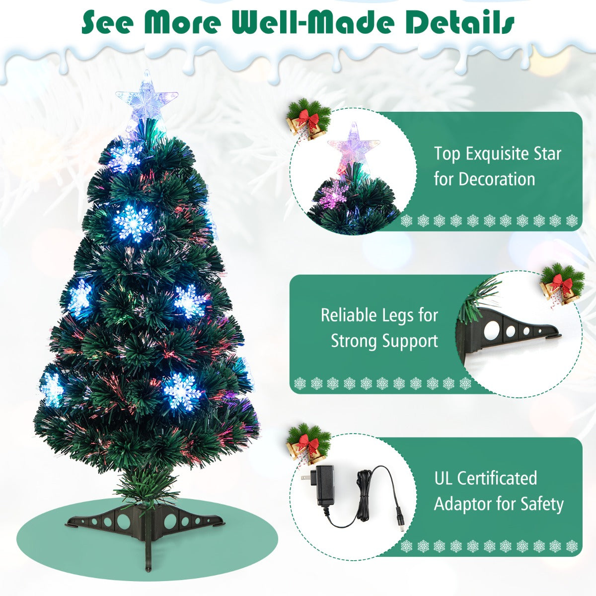 LIVSK Kunstkerstboom met LED Verlichting - Sneeuwvlokken - Brandwerend PVC - Eenvoudige Installatie - 120 cm - Groen