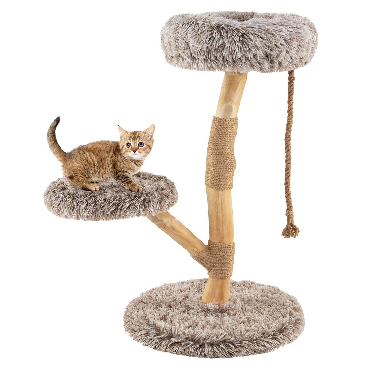 LIVSK Krabpaal voor Katten - Natuurlijk Berkenhout - 3 Niveaus - Luxe Pluche - Jute Krabpalen - Veilig & Stabiel - Bruin