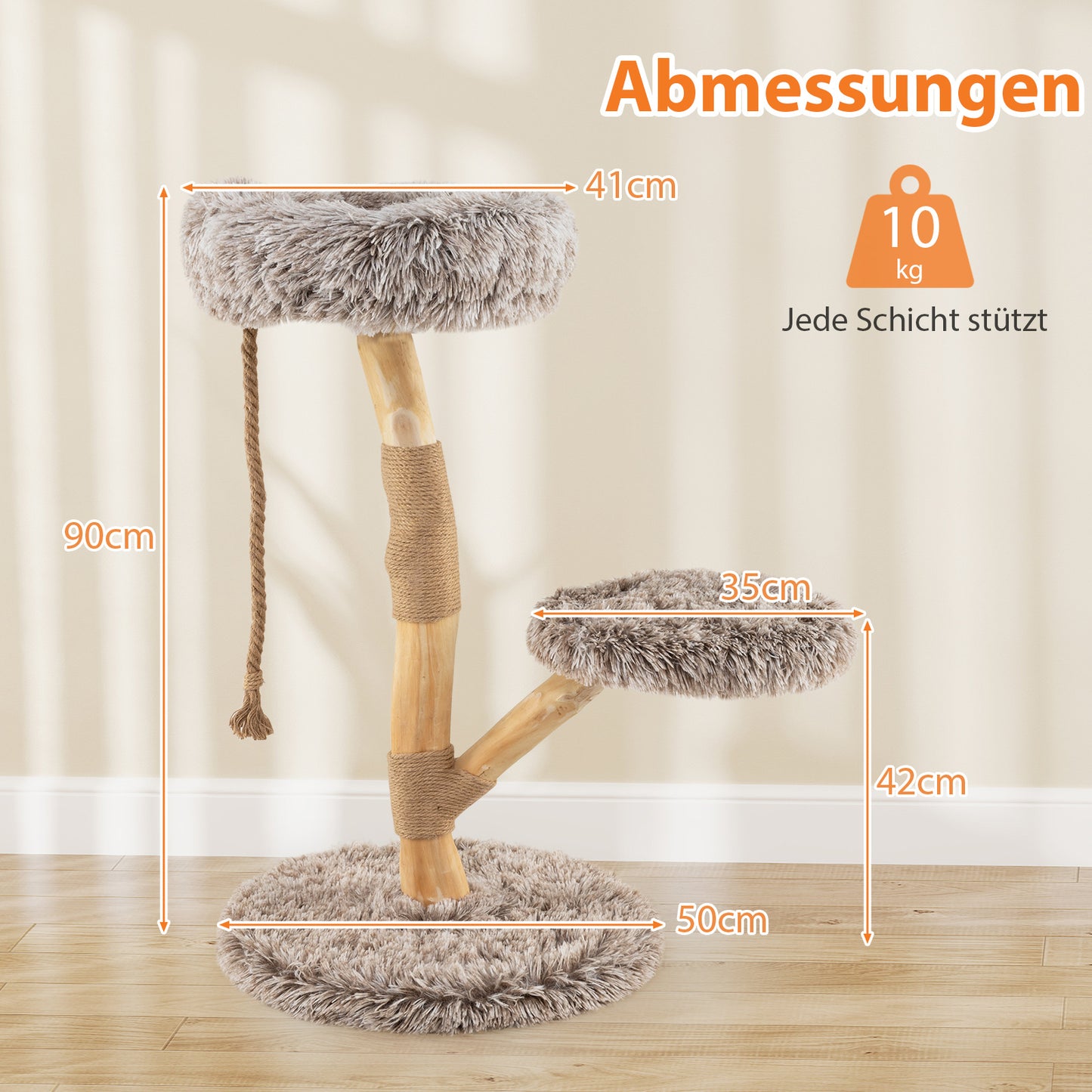 LIVSK Krabpaal voor Katten - Natuurlijk Berkenhout - 3 Niveaus - Luxe Pluche - Jute Krabpalen - Veilig & Stabiel - Bruin