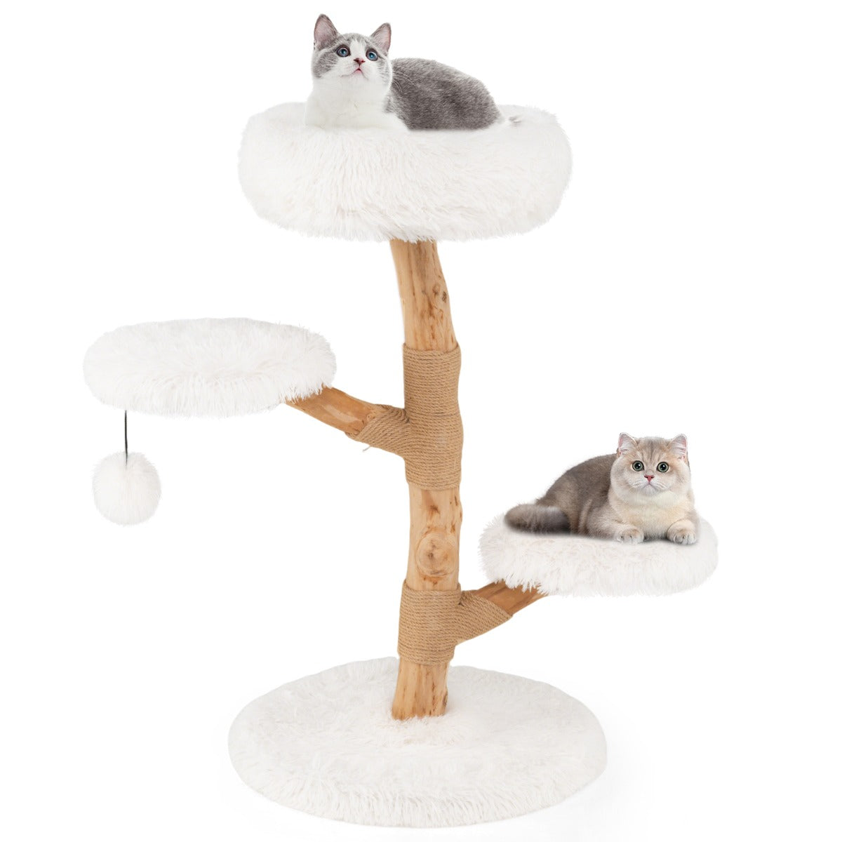 Livsk costway 90 cm krabpaal massief perenhouten kattentoren met zitstok modern kattenactiviteitencentrum met natuurlijke jute krabpalen hangende bal wit 1 3