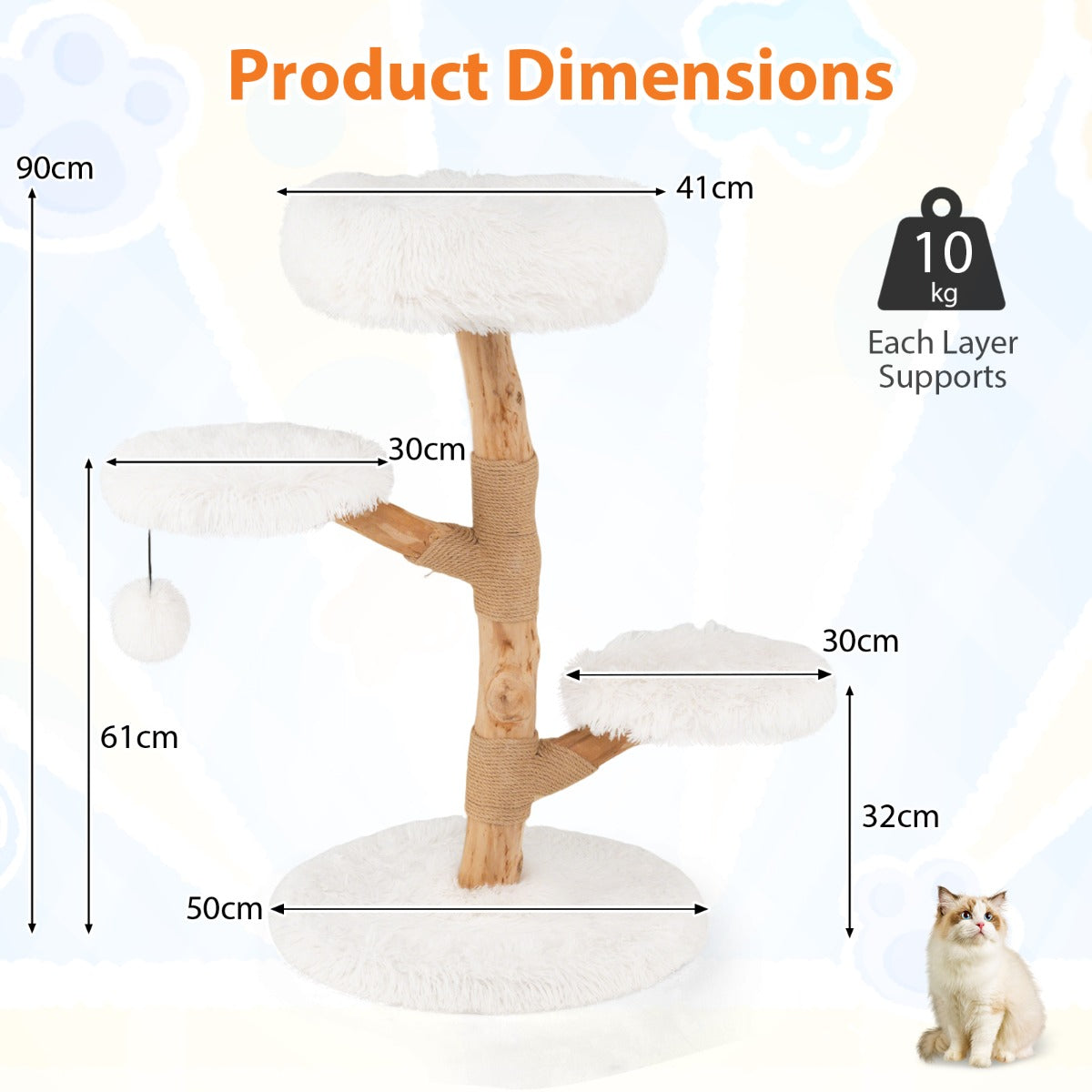 Livsk costway 90 cm krabpaal massief perenhouten kattentoren met zitstok modern kattenactiviteitencentrum met natuurlijke jute krabpalen hangende bal wit 2 2