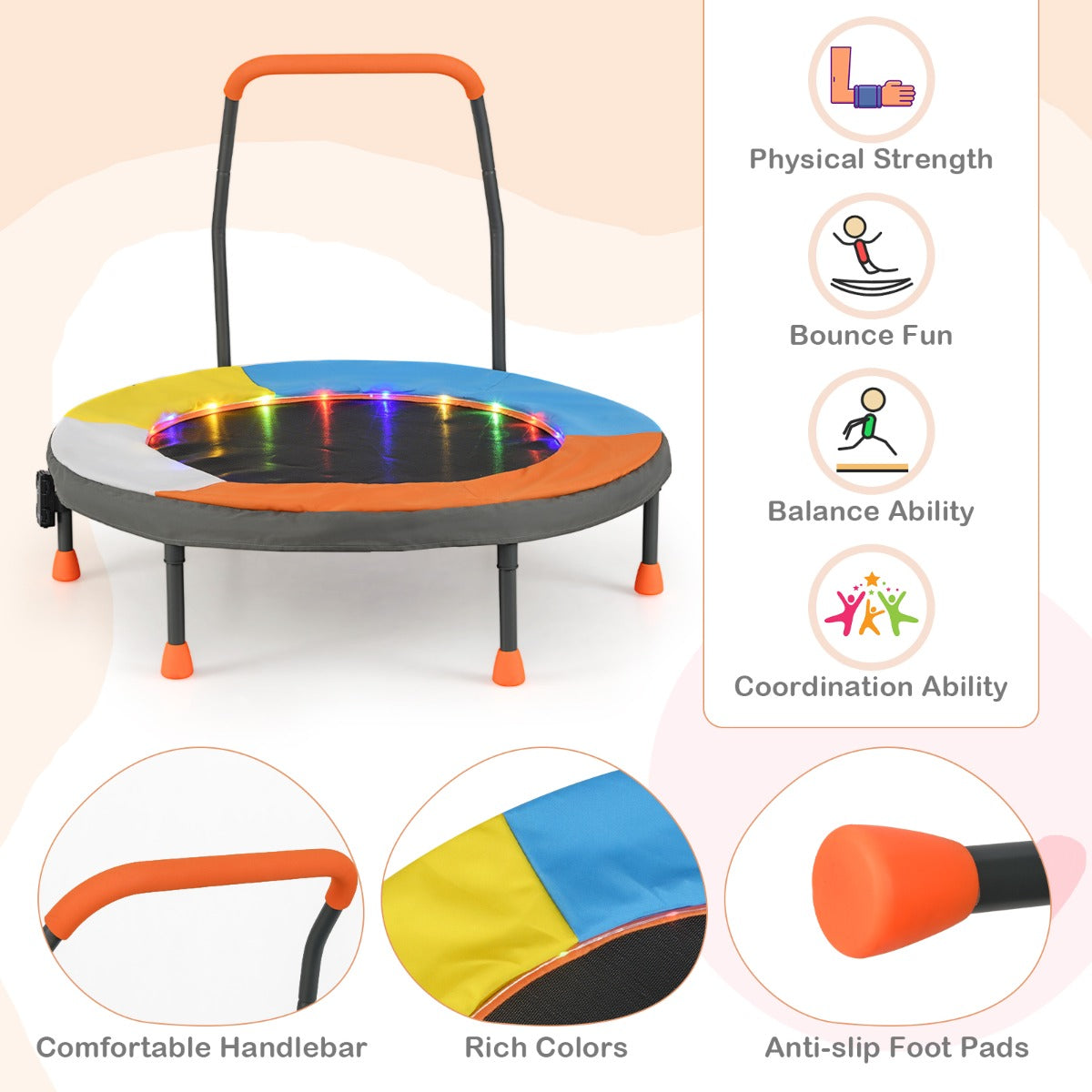 LIVSK Mini Trampoline met LED-verlichting - Veerloos Ontwerp met 20 Spanbanden - Veiligheidskenmerken - Voor Kinderen van 3 -