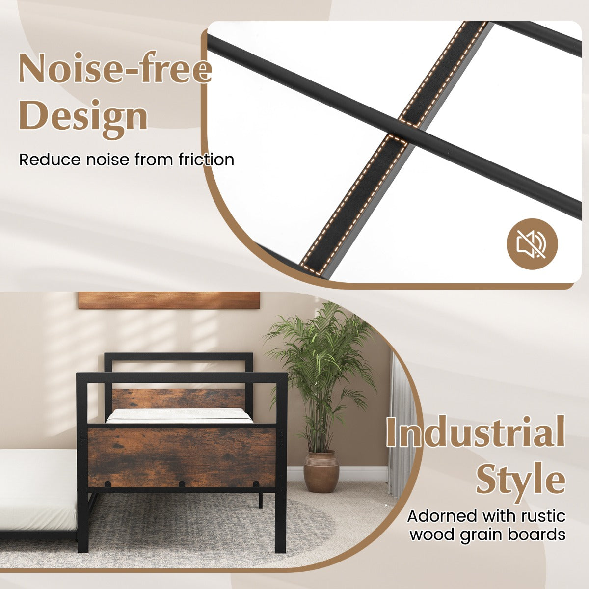 LIVSK Eenpersoonsbed met Uitschuifbaar Onderschuifbed - Stil Lattenbodemsysteem - Draagvermogen 220 kg - Rustiek bruin + Zwart