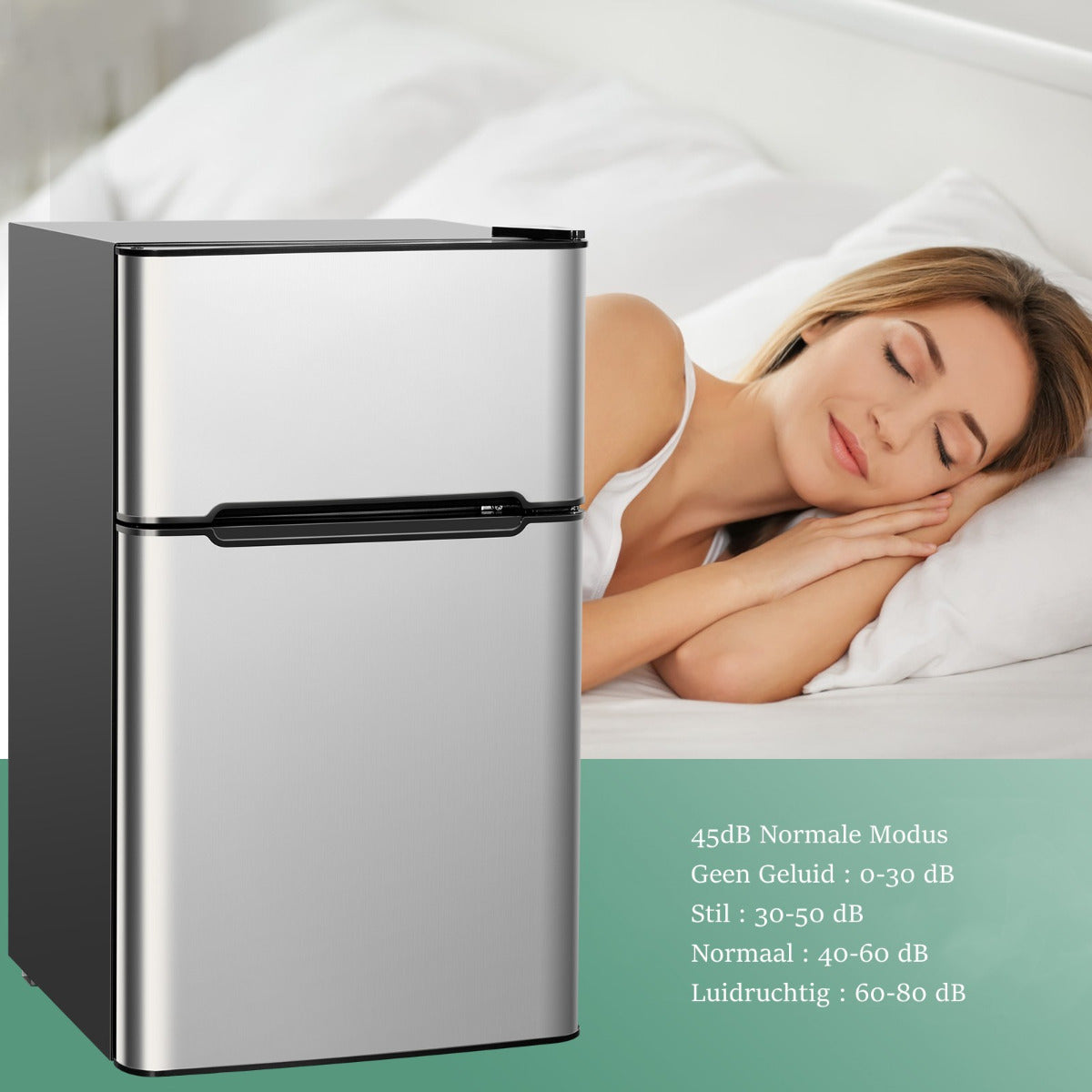 LIVSK Compacte Koelkast met Aparte Vriezer - 90L Capaciteit - 7 Temperatuuraanpassingen - Stille Werking - Roestvrijstaal - Zilver