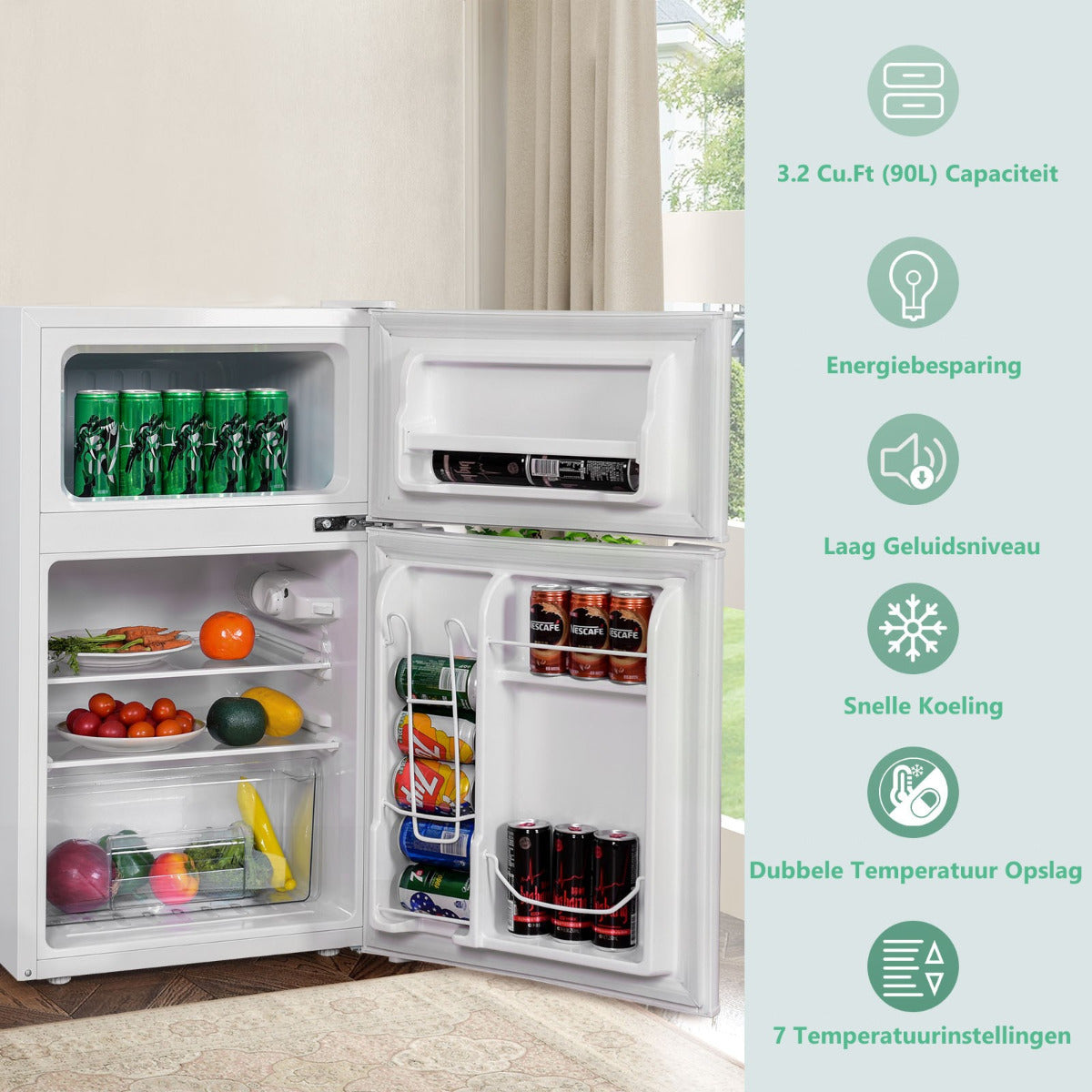 LIVSK Compacte Koelkast met Aparte Vriezer - 90L - Mechanisch Regelbare Thermostaat - Stil en Energiezuinig - Wit