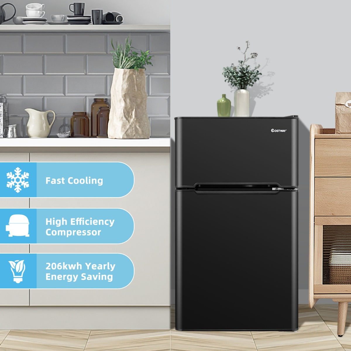 LIVSK Compacte Koelkast met Aparte Vriezer - Omkeerbare Deuren - 90L Inhoud - 7 Temperatuuraanpassingen - Energiezuinig - Zwart