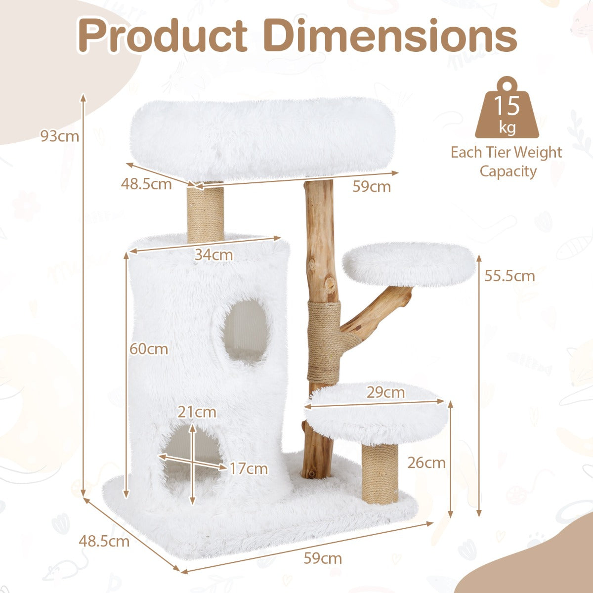 Livsk costway 93 cm krabpaal kattenhuis met 2 verdiepingen zacht uitkijkplatform bovenop en beklede platforms
