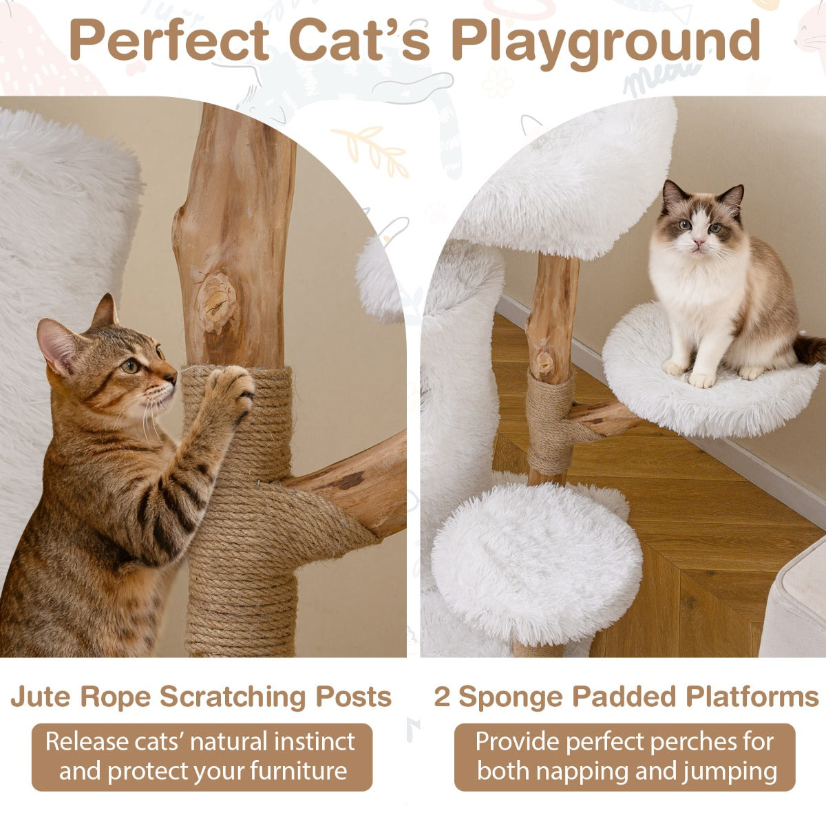 Livsk costway 93 cm krabpaal kattenhuis met 2 verdiepingen zacht uitkijkplatform bovenop en beklede platforms
