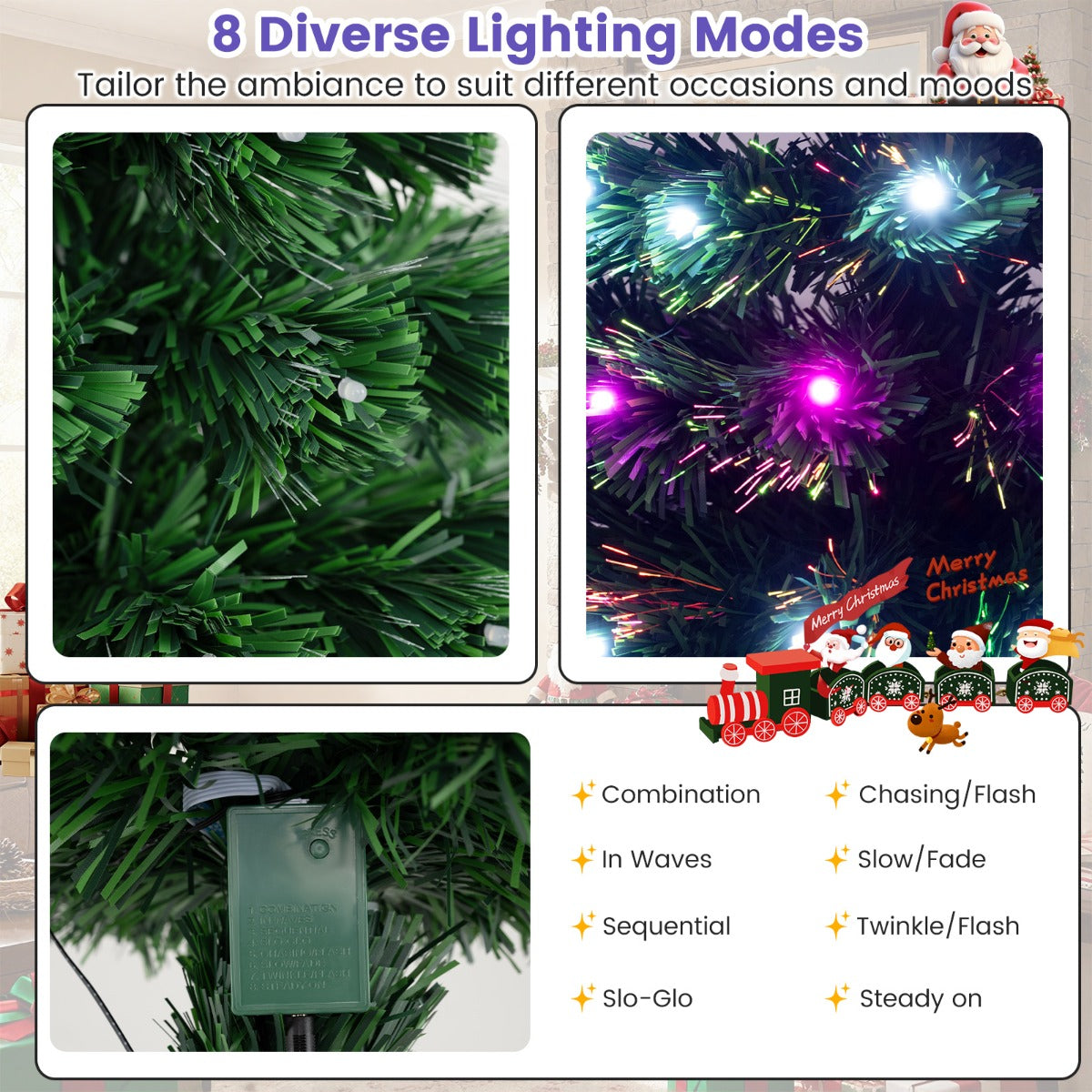 LIVSK Glasvezelkerstboom - Verlicht met 8 Modi - 96 Takpunten - Vlamvertragend PVC - Metalen Voet - 93 cm - Groen