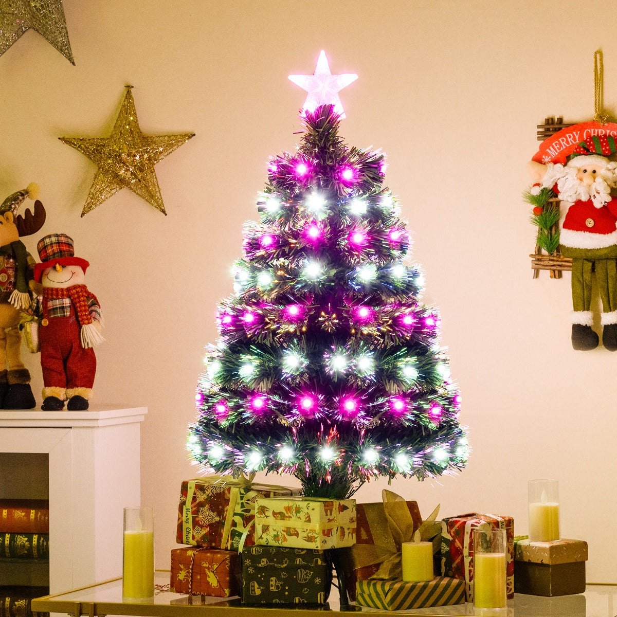 LIVSK Glasvezelkerstboom - Verlicht met 8 Modi - 96 Takpunten - Vlamvertragend PVC - Metalen Voet - 93 cm - Groen