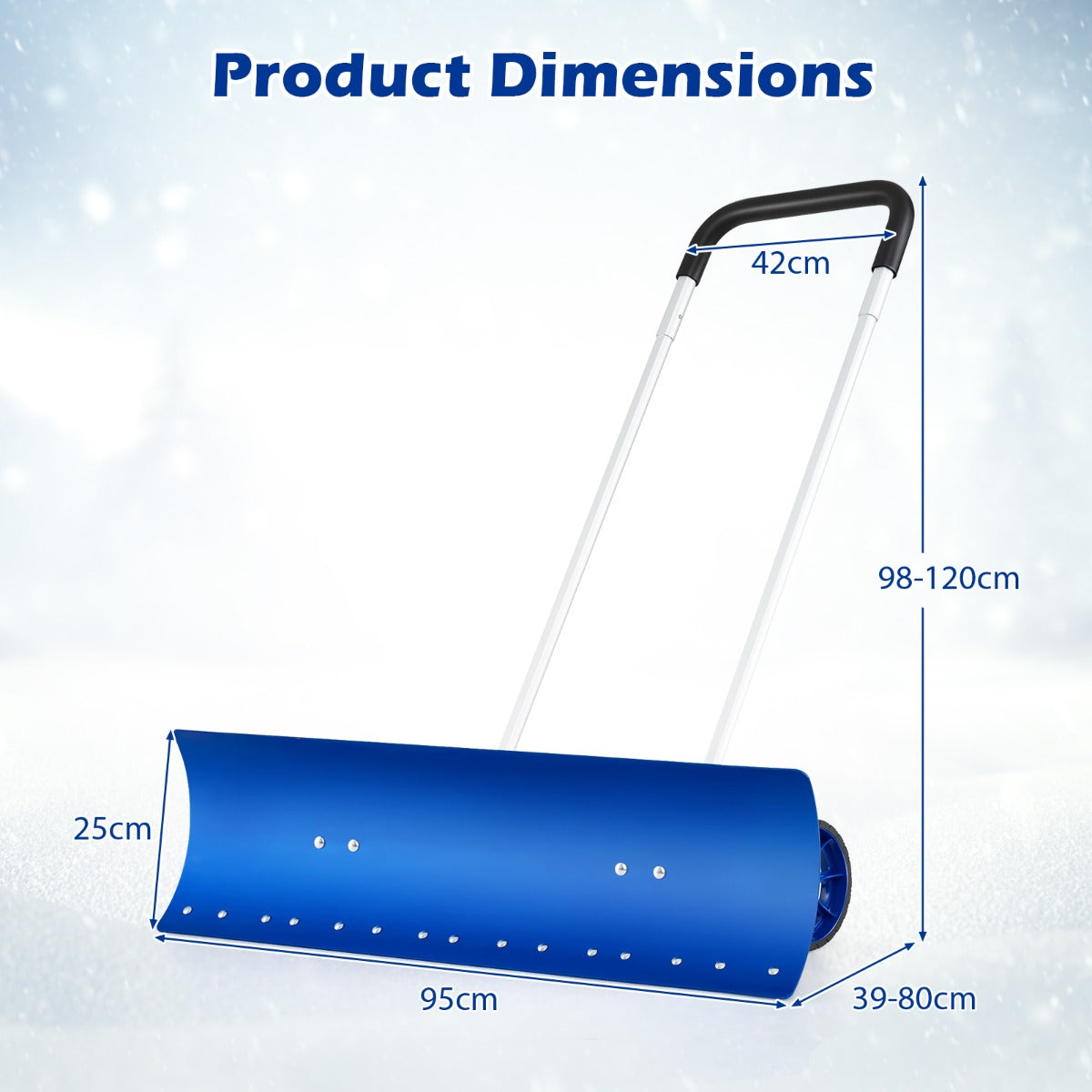 LIVSK Sneeuwschuiver - Omkeerbaar Blad 95 cm - Verstelbare Handgreep 90-120 cm - Antislip Wielen - Blauw