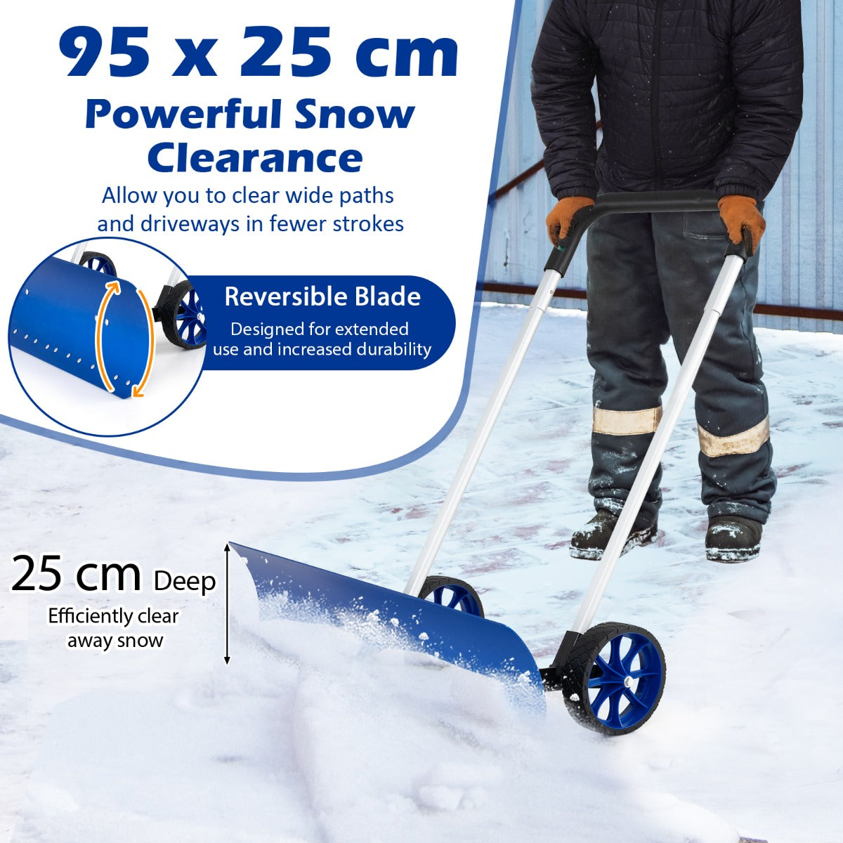 LIVSK Sneeuwschuiver - Omkeerbaar Blad 95 cm - Verstelbare Handgreep 90-120 cm - Antislip Wielen - Blauw