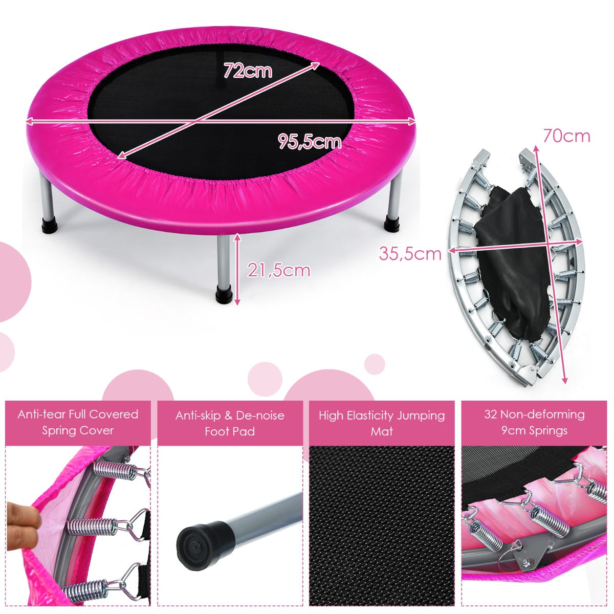 LIVSK Opvouwbare Trampoline - Veiligheidsveren - Draagvermogen tot 150 kg - Duurzaam PP en PVC - Compact - Roze
