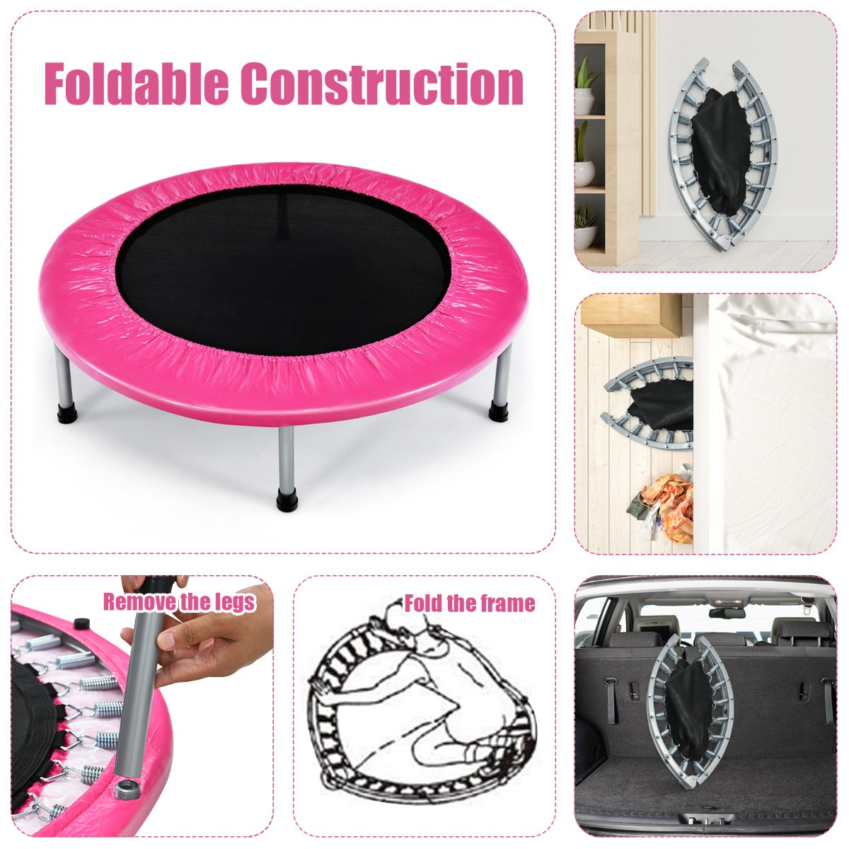 LIVSK Opvouwbare Trampoline - Veiligheidsveren - Draagvermogen tot 150 kg - Duurzaam PP en PVC - Compact - Roze