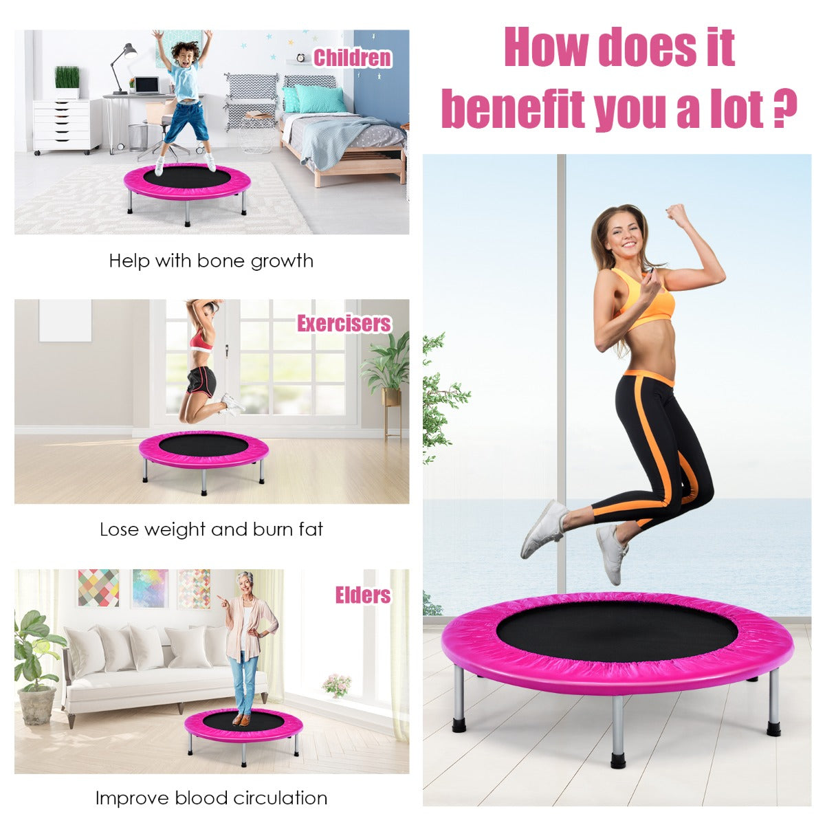 LIVSK Opvouwbare Trampoline - Veiligheidsveren - Draagvermogen tot 150 kg - Duurzaam PP en PVC - Compact - Roze