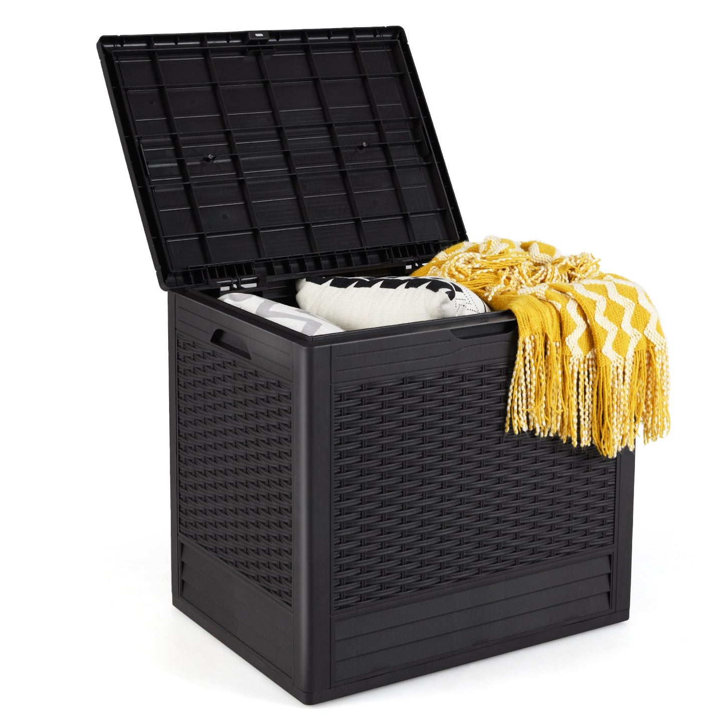LIVSK Outdoor Opbergbox - 96 L Capaciteit - Weerbestendig PP - Afsluitbaar Deksel - Stijlvolle Rattan-Textuur - Bruin