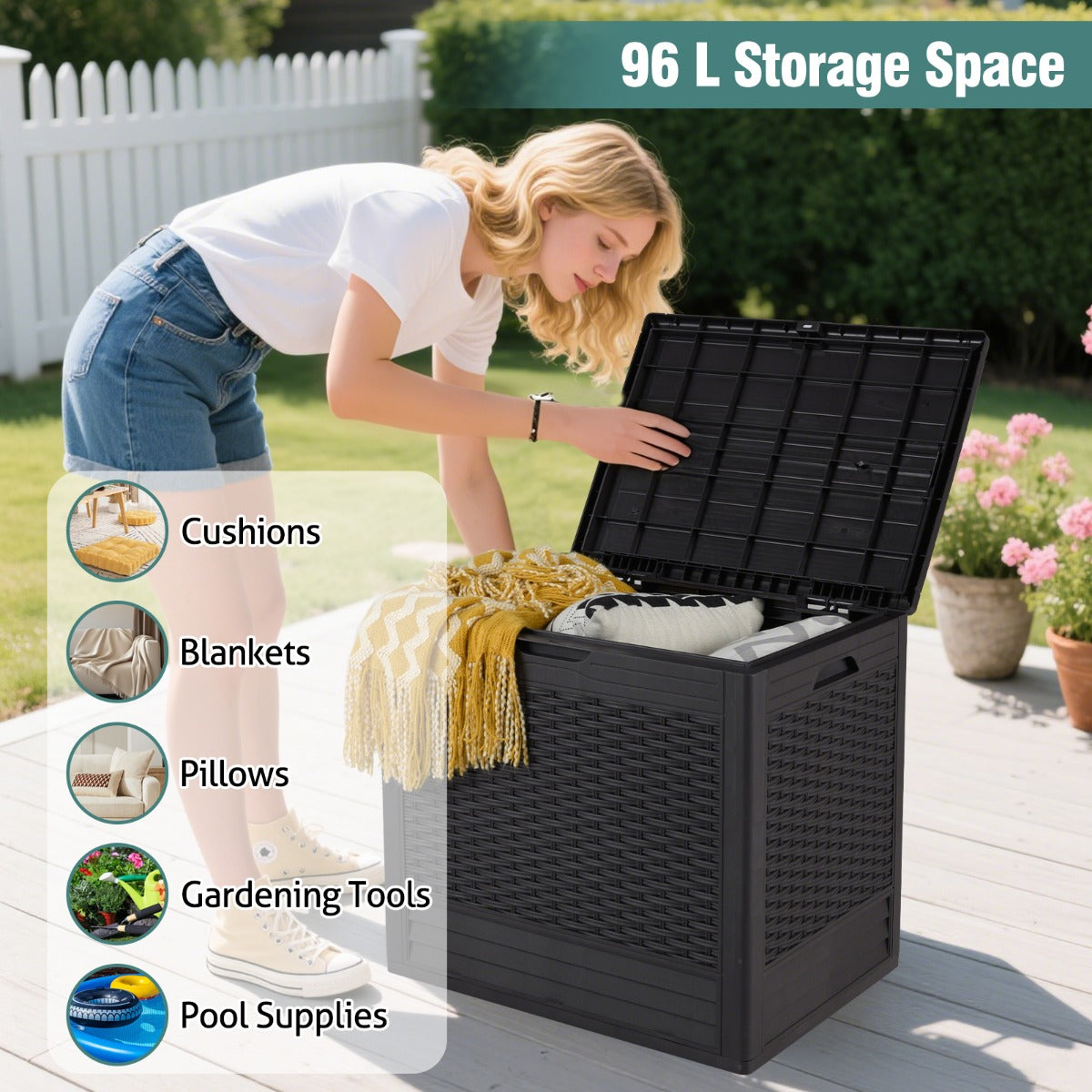 LIVSK Outdoor Opbergbox - 96 L Capaciteit - Weerbestendig PP - Afsluitbaar Deksel - Stijlvolle Rattan-Textuur - Bruin