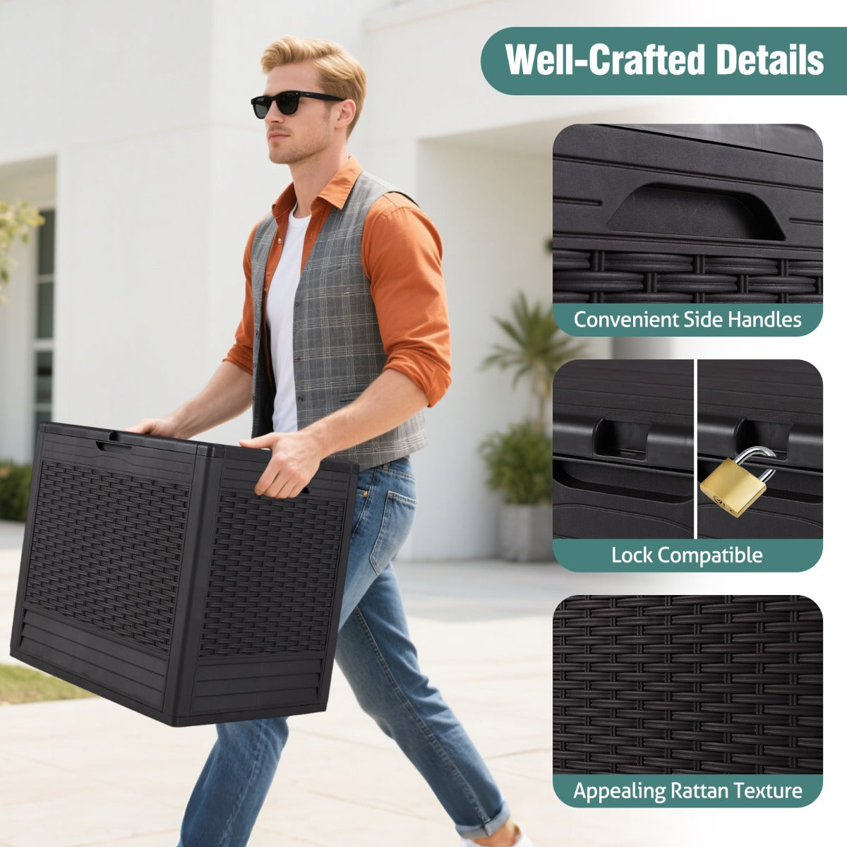 LIVSK Outdoor Opbergbox - 96 L Capaciteit - Weerbestendig PP - Afsluitbaar Deksel - Stijlvolle Rattan-Textuur - Bruin