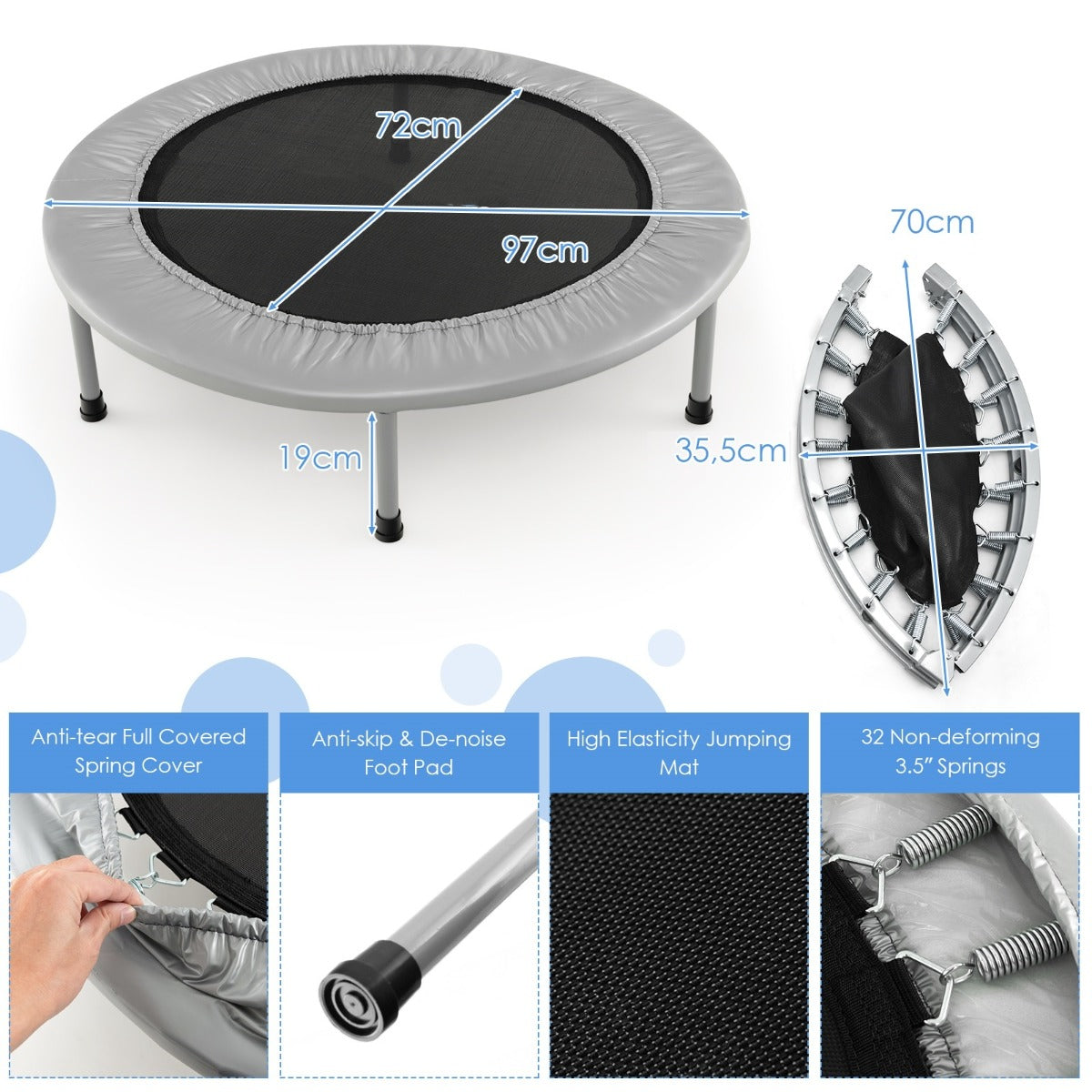 LIVSK Opvouwbare Trampoline - Draagvermogen 150 kg - Veiligheidsgrepen en Stalen Poten - Compact en Gemakkelijk Op te Bergen -