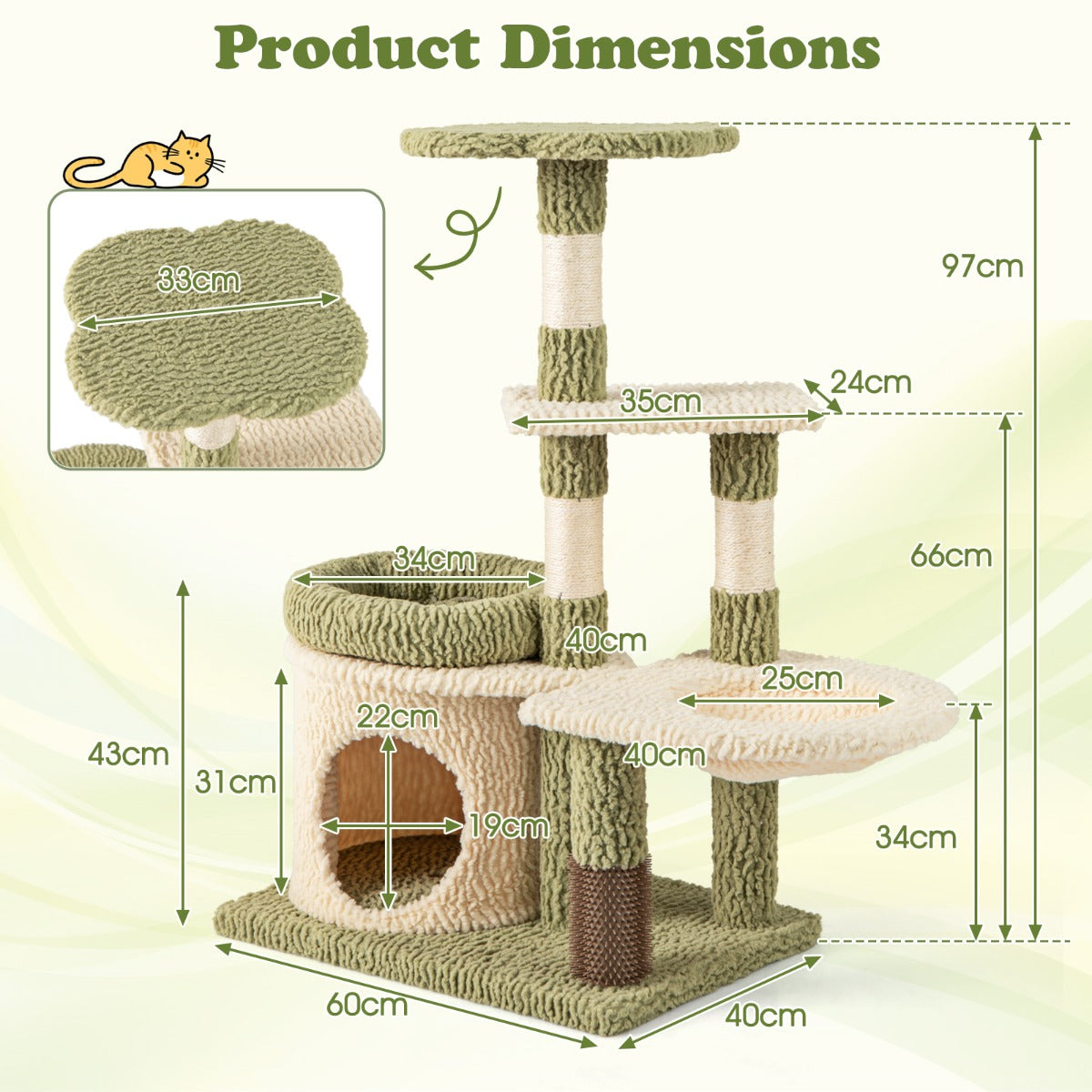 LIVSK Luxe Kattenboom - 97 cm Hoog - Meerdere Verdieningen - Krabpalen van Sisal - Verzorgingsborstel - Groen-Wit