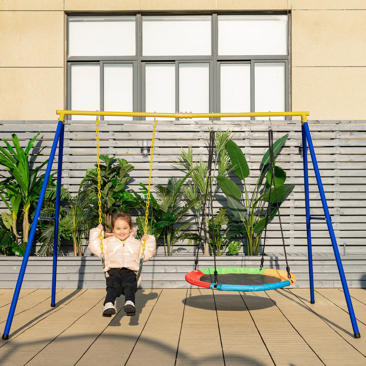 LIVSK A-frame Schommelstandaard - Robuust Staal - Voor Binnen en Buiten - Tot 300 kg - Inclusief Karabijnhaken - Blauw en Geel