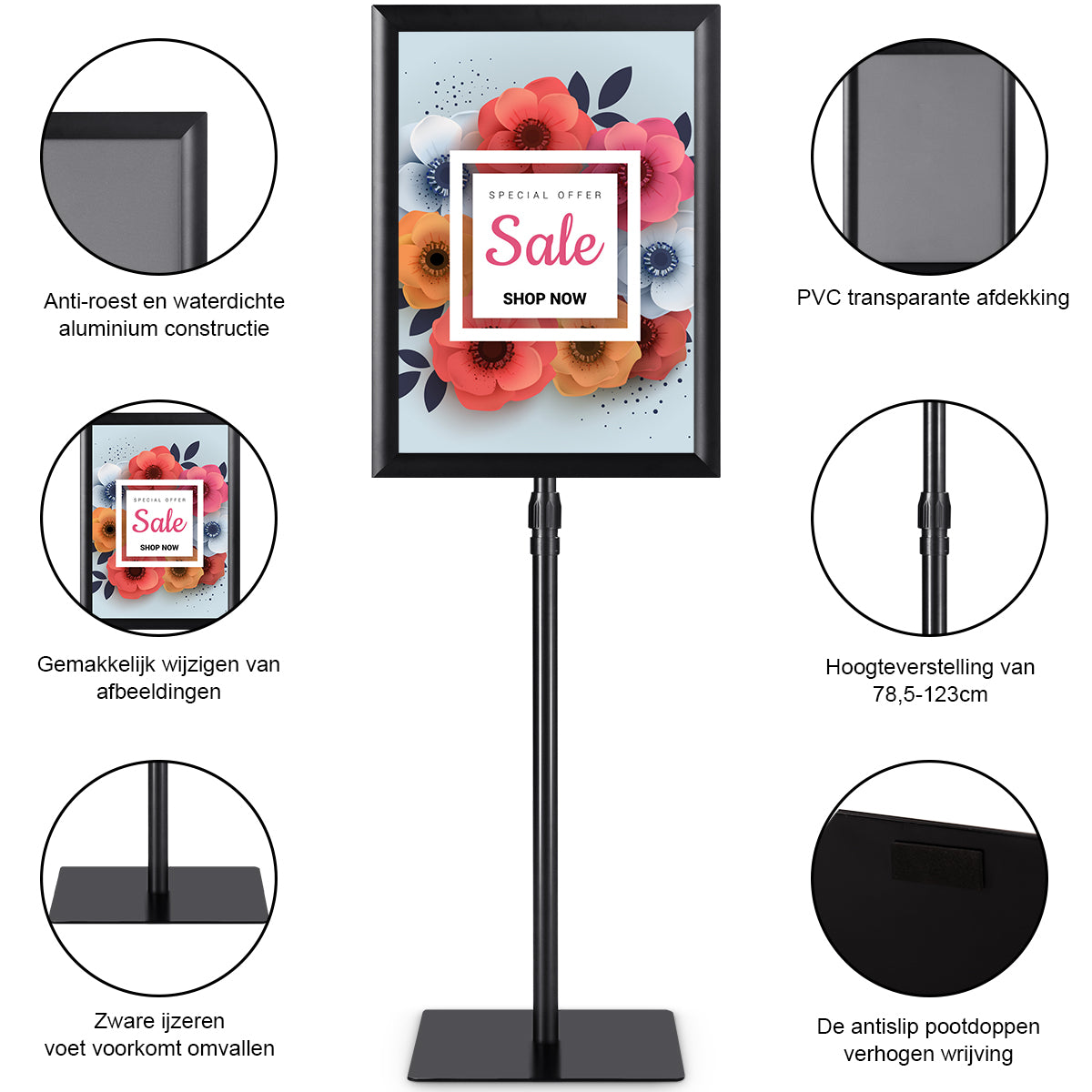 LIVSK Verstelbaar Stoepbord voor Poster - Kliklijst - Vloerstandaard - Hoogte 78,5-123 cm - Stevige Constructie - Zwart