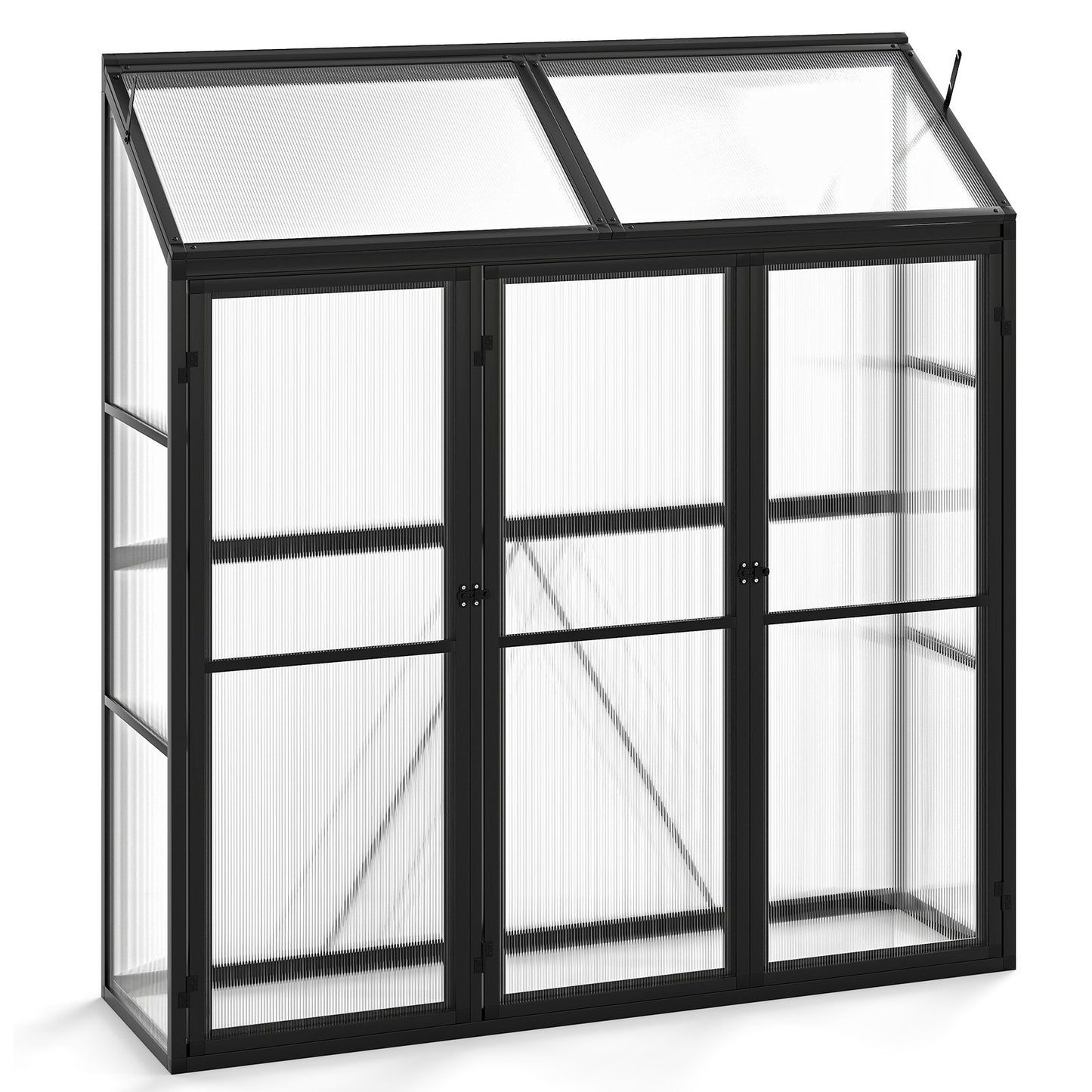 LIVSK Tuinserre met Dakraam - Hoogwaardige PC-panelen - 3 Afsluitbare Deuren - Aluminiumframe - 180 x 52 x 190 cm - Zwart