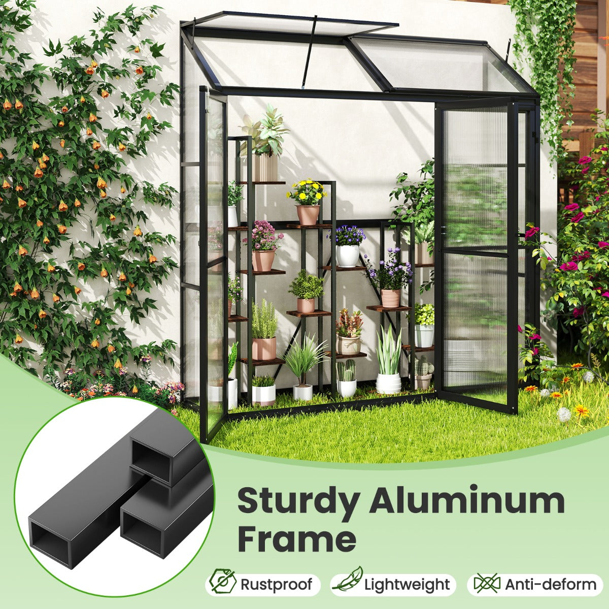 LIVSK Tuinserre met Dakraam - Hoogwaardige PC-panelen - 3 Afsluitbare Deuren - Aluminiumframe - 180 x 52 x 190 cm - Zwart