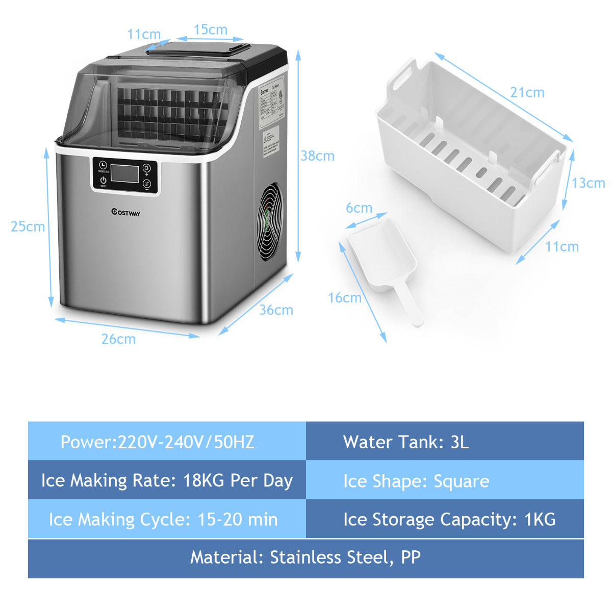 LIVSK Aanrecht Ijsmachine - Automatische 18 kg/dag - 24 IJsblokjes in 15 Min - Zelfreinigend - LCD Bediening - Zilver
