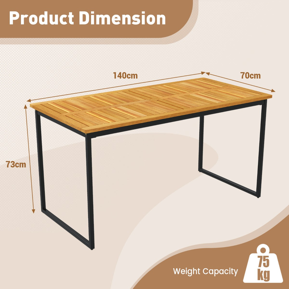 LIVSK Eettafel voor Buiten - Acaciahout met Metalen Frame - Parasolgat - Voor 6 Personen - 140 x 70 x 70 cm - Natuur + Zwart