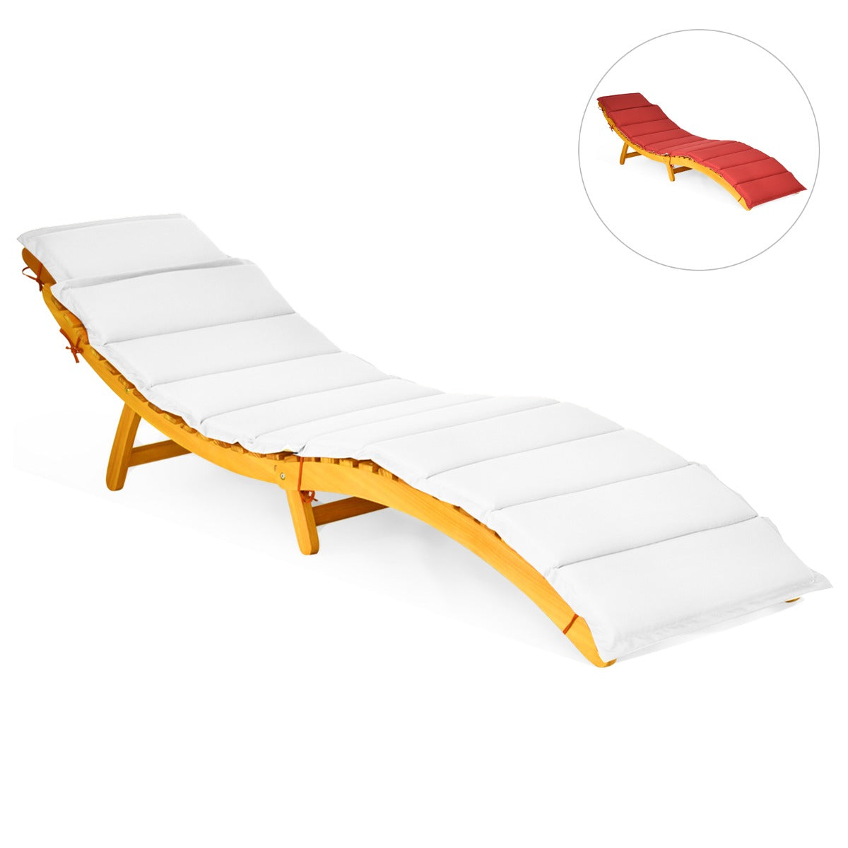 LIVSK Acaciahouten Ligstoel - Ergonomisch S-vormig - Omkeerbaar Kussen in Rood en Crème - Inklapbaar met Draaggreep - Naturel