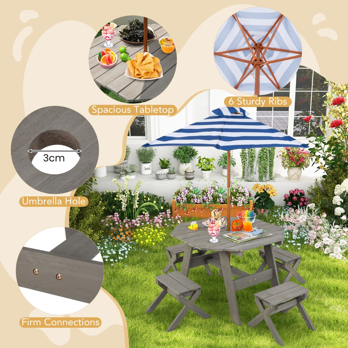 LIVSK 6-delige Kinderpicknicktafelset - Inclusief 4 Stoelen en Verstelbare Parasol - Veilig Dennenhout - Grijs