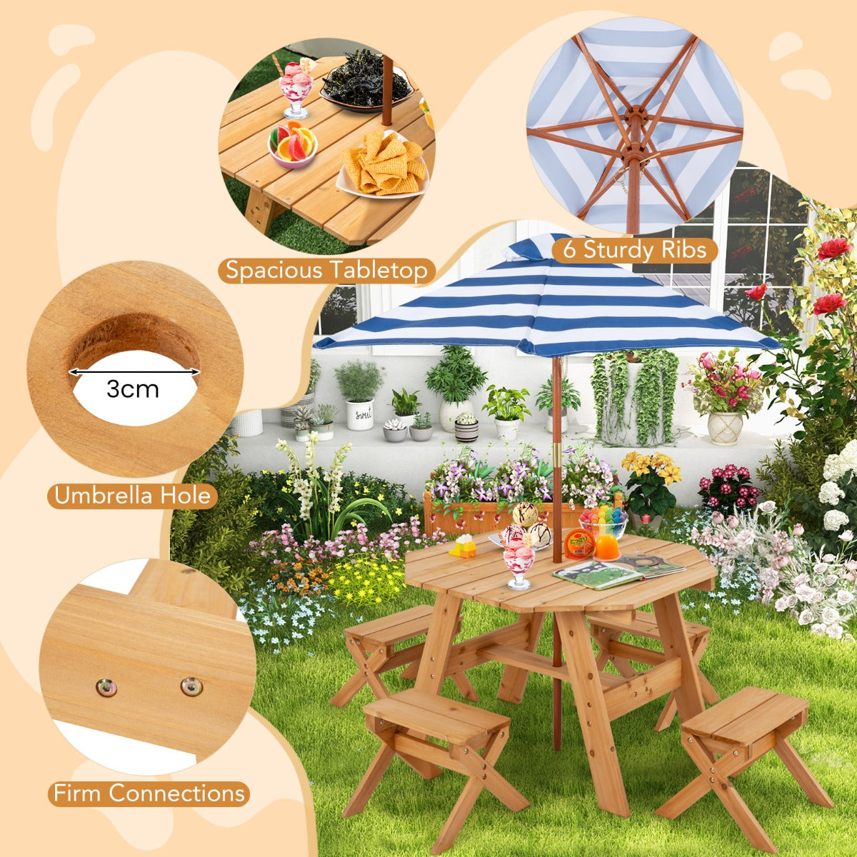 LIVSK Achthoekige Kinderpicknicktafelset - Inclusief Parasol en 4 Stoelen - Veilig Dennenhout - Zitplaatsen voor 4 - Natuur