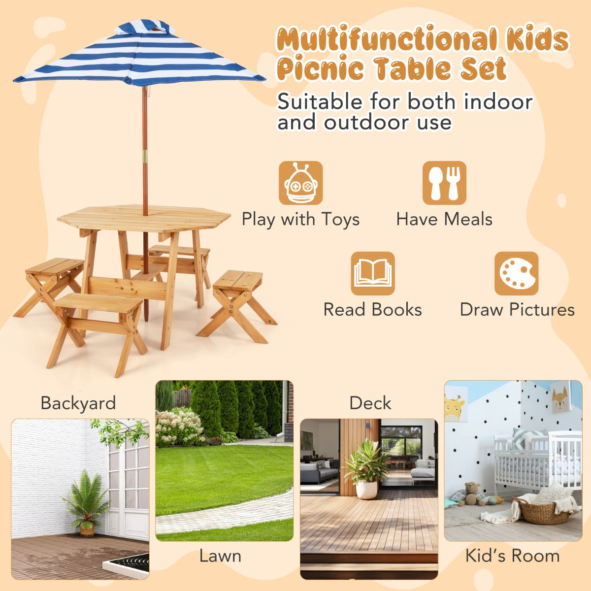 LIVSK Achthoekige Kinderpicknicktafelset - Inclusief Parasol en 4 Stoelen - Veilig Dennenhout - Zitplaatsen voor 4 - Natuur