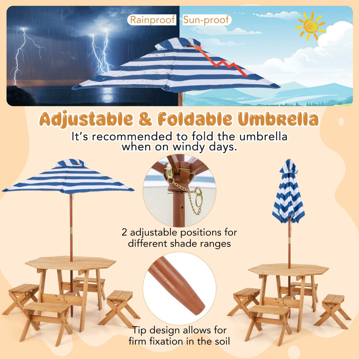 LIVSK Achthoekige Kinderpicknicktafelset - Inclusief Parasol en 4 Stoelen - Veilig Dennenhout - Zitplaatsen voor 4 - Natuur