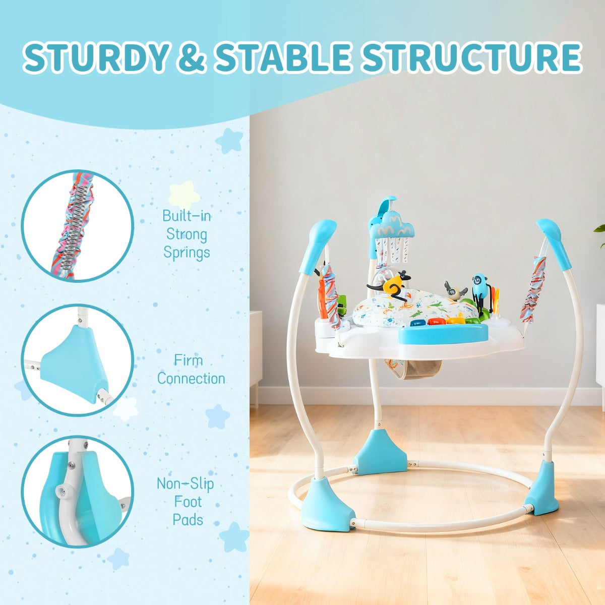 Livsk costway activiteitencentrum voor babys springstoeltje en wipstoeltje met 6 interactieve speeltjes in 3 standen verstelbaar en 360 draaibaar speelblad blauw 4