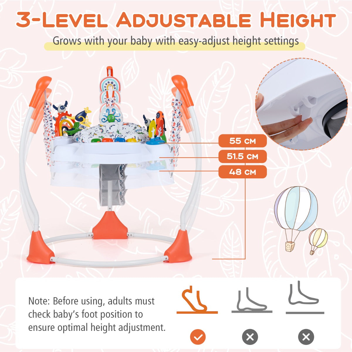 Livsk costway activiteitencentrum voor babys springstoeltje en wipstoeltje met 6 interactieve speeltjes in 3 standen verstelbaar en 360 draaibaar speelblad oranje 2
