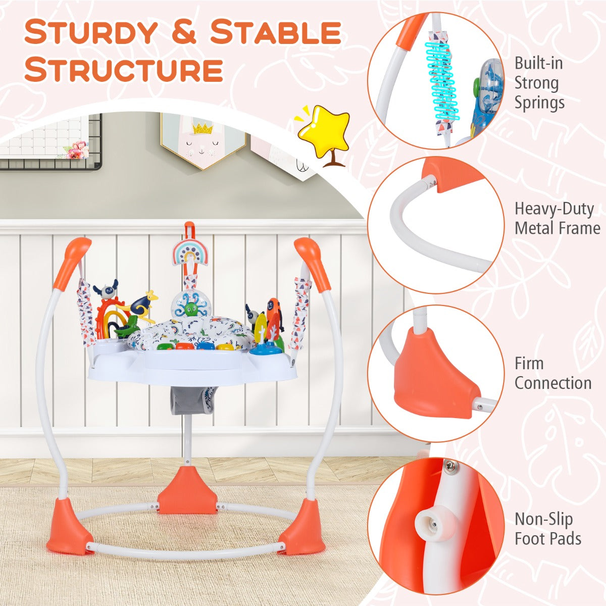 Livsk costway activiteitencentrum voor babys springstoeltje en wipstoeltje met 6 interactieve speeltjes in 3 standen verstelbaar en 360 draaibaar speelblad oranje 4