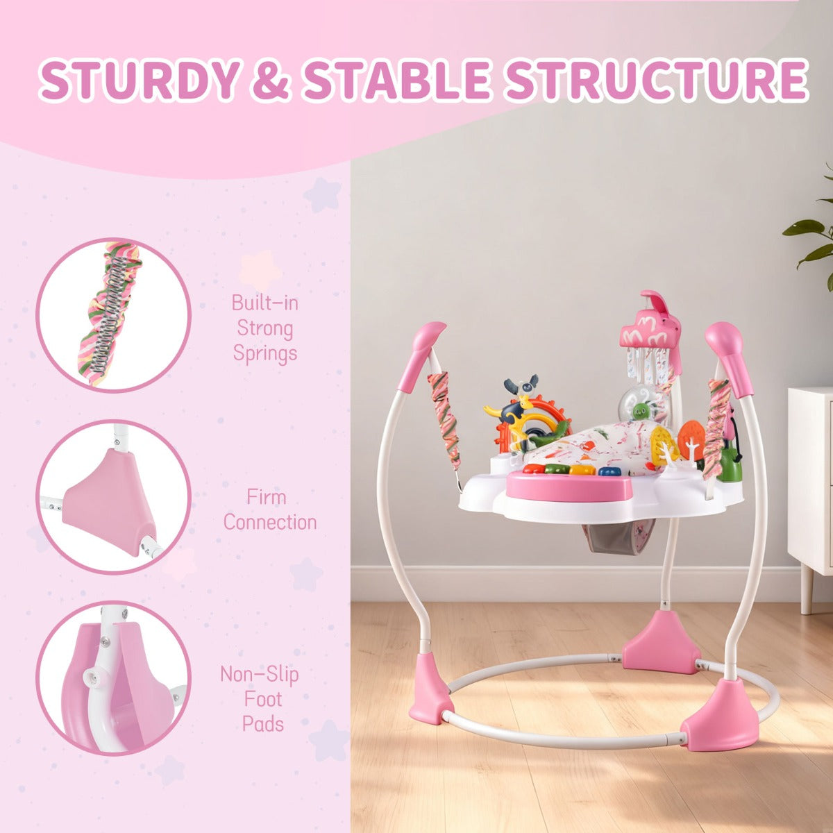 Livsk costway activiteitencentrum voor babys springstoeltje en wipstoeltje met 6 interactieve speeltjes in 3 standen verstelbaar en 360 draaibaar speelblad roze 4