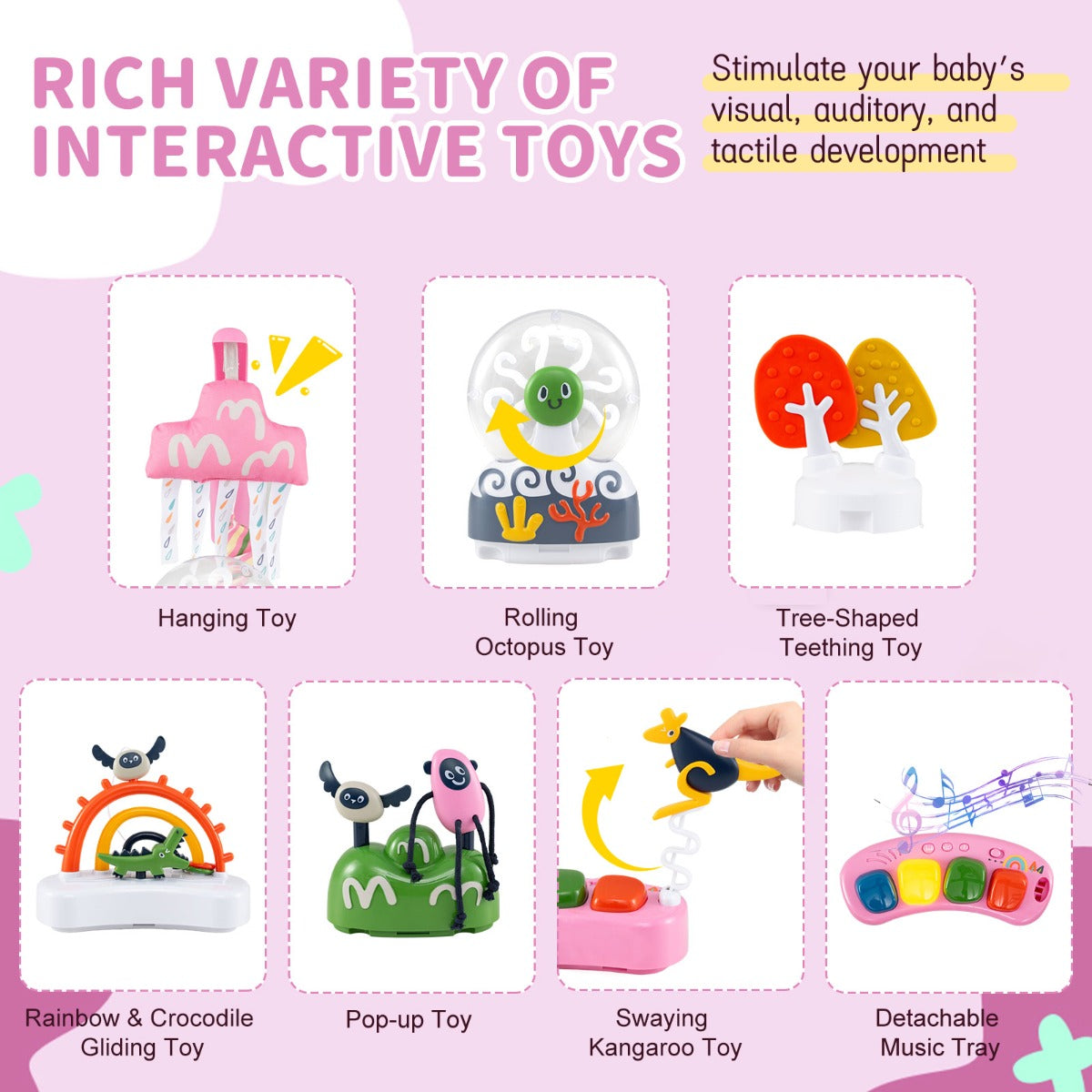 Livsk costway activiteitencentrum voor babys springstoeltje en wipstoeltje met 6 interactieve speeltjes in 3 standen verstelbaar en 360 draaibaar speelblad roze 6