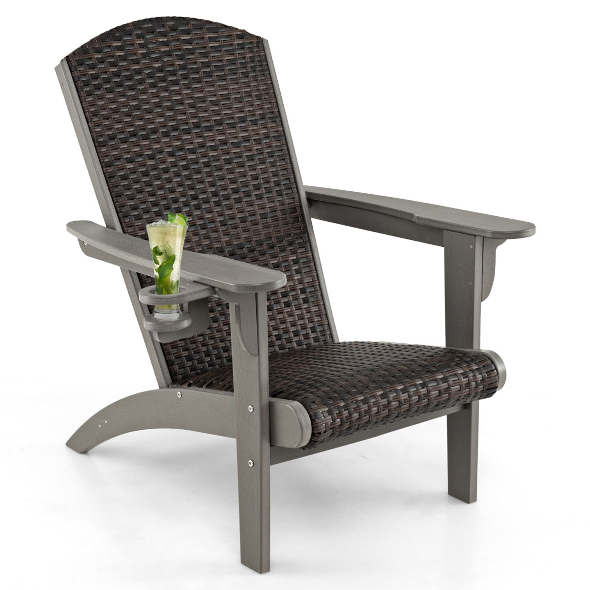 LIVSK Adirondack Tuinstoel - HDPE Structuur - Gevoerde Rotan Zitting - Draaibare Bekerhouder - 92 x 76 x 100 cm - Gemengd bruin