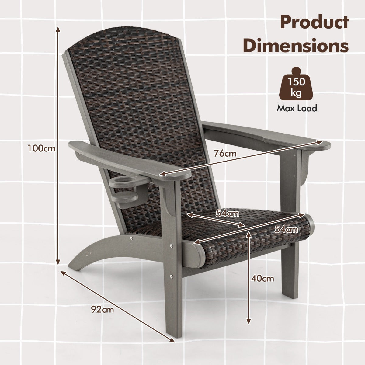 LIVSK Adirondack Tuinstoel - HDPE Structuur - Gevoerde Rotan Zitting - Draaibare Bekerhouder - 92 x 76 x 100 cm - Gemengd bruin